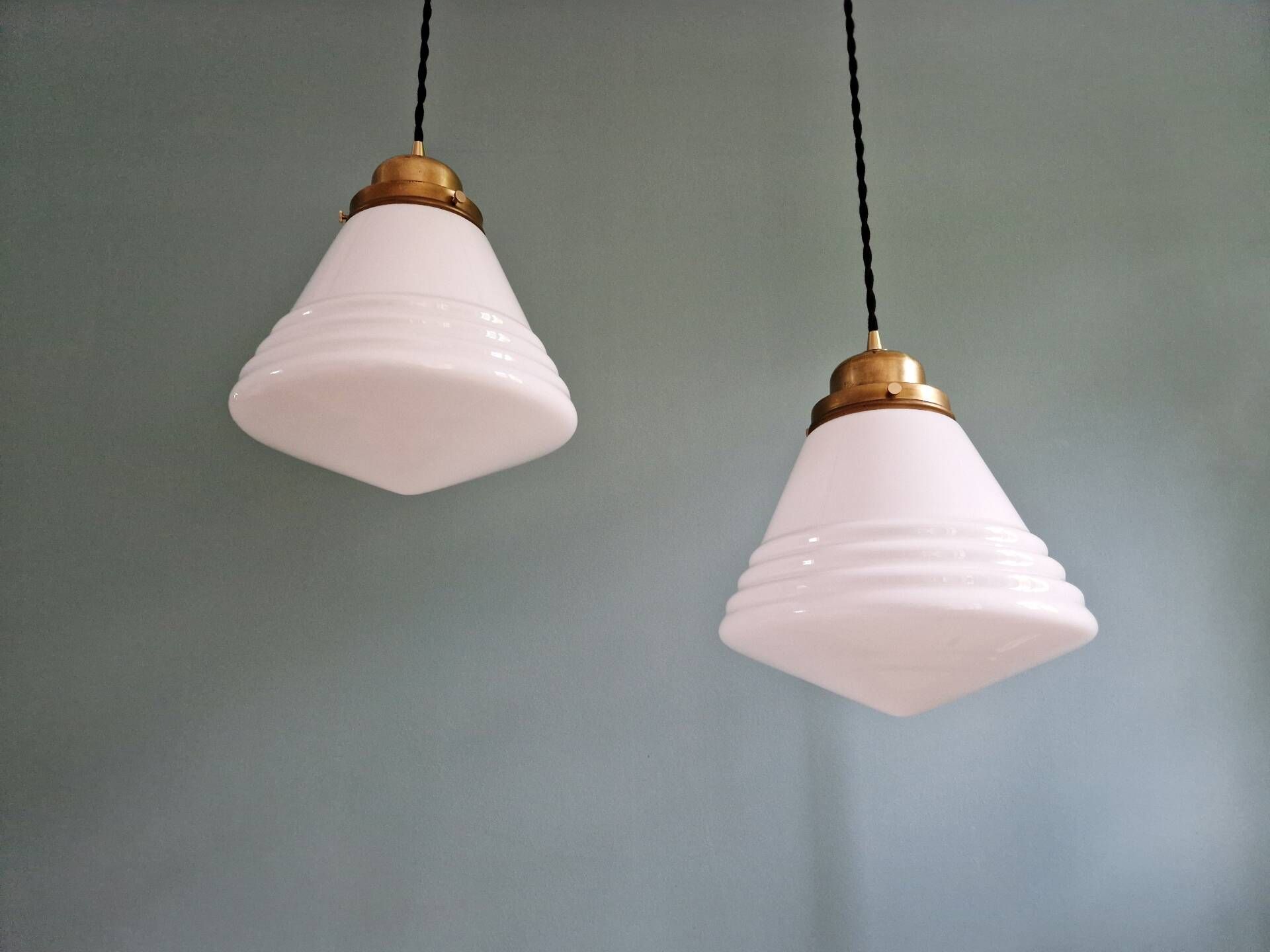 Art Deco Philips suspension in white opaline, 1930 (2 available)