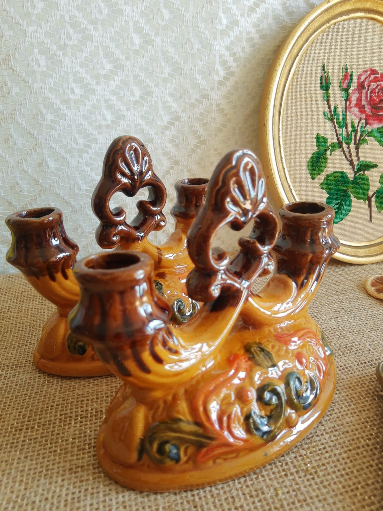 Paire de bougeoirs double barbotine - vintage