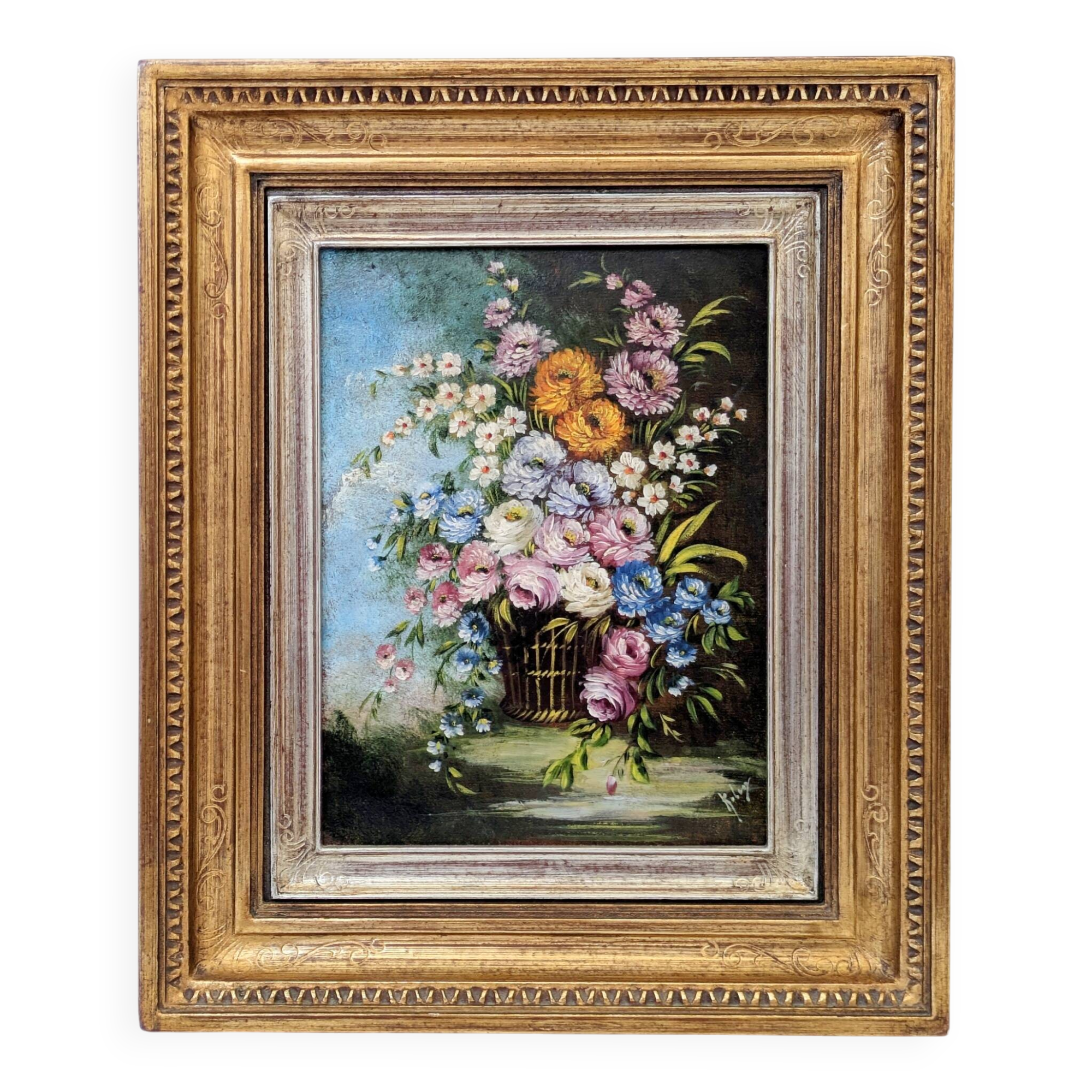Antique oil painting, bouquet of peonies, ornate gilded frame
