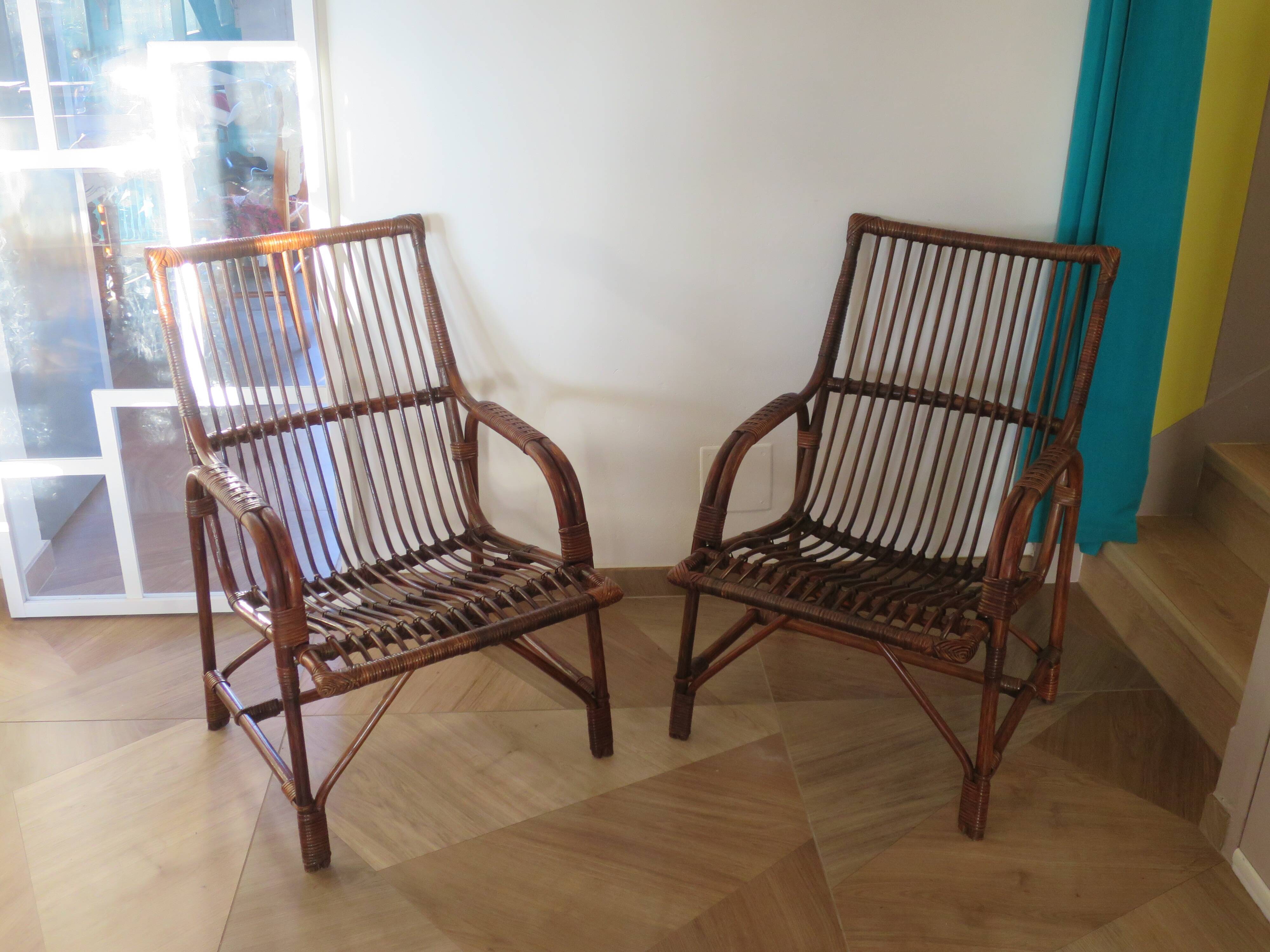 Lot de 2 Fauteuils de jardin en rotin et bambou -Vintage -Années 60 - avec coussins - vernis satin