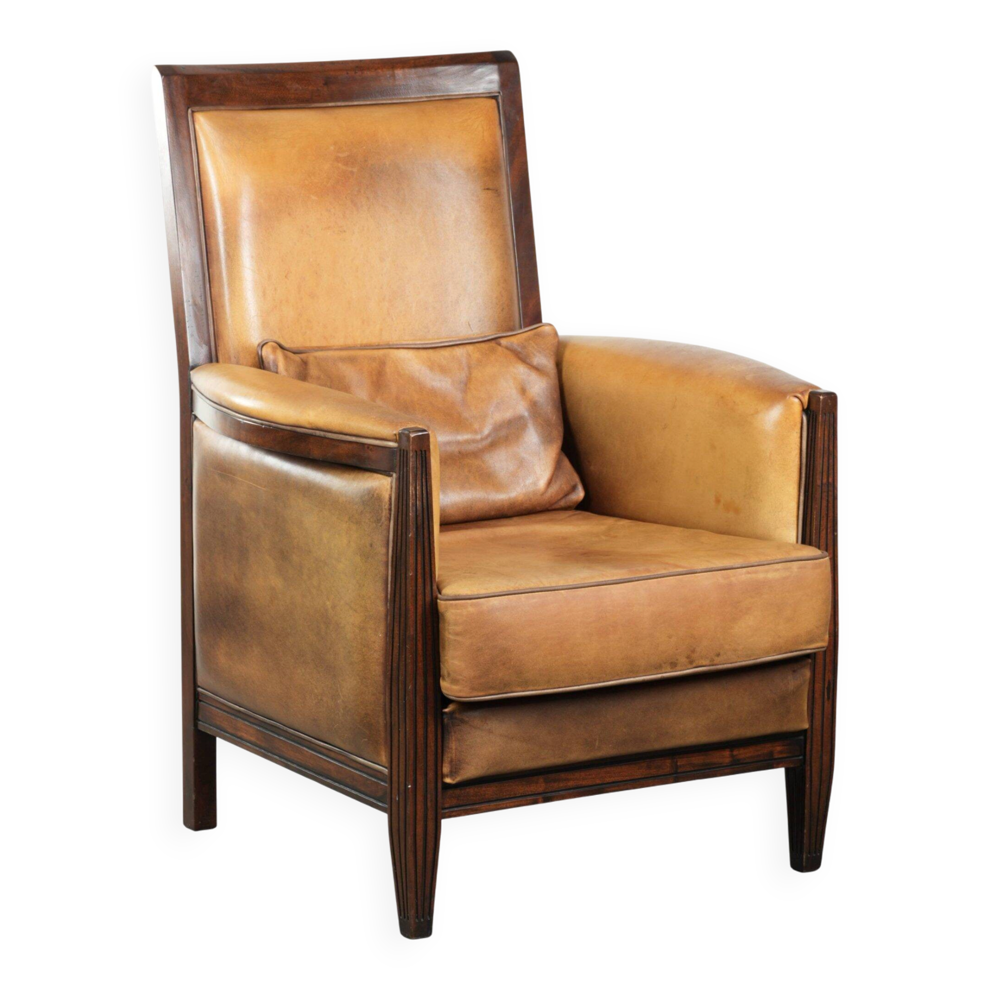 Cognac-coloured Art Deco design armchair made of sheepskin with a high back