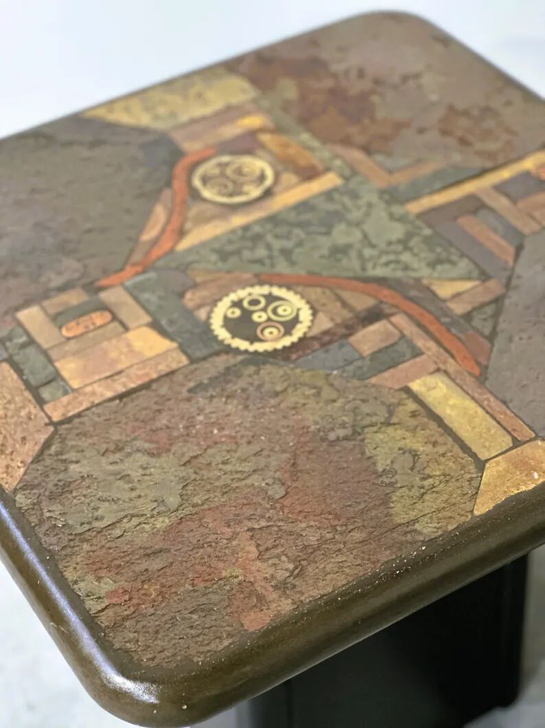 Pair of vintage Kneipp side tables with sculptural tops in mixed materials, 1970s
