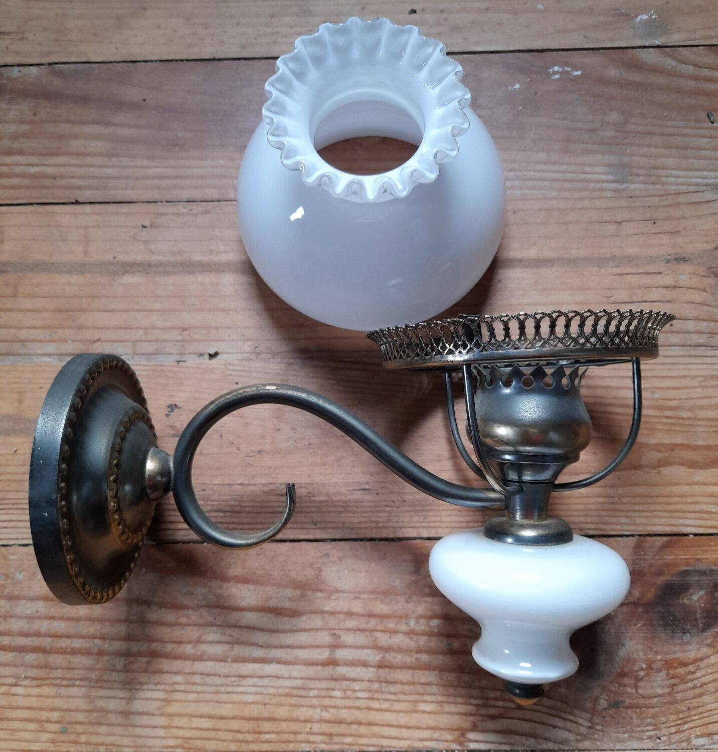 White opaline wall lamp metal, vintage 1960