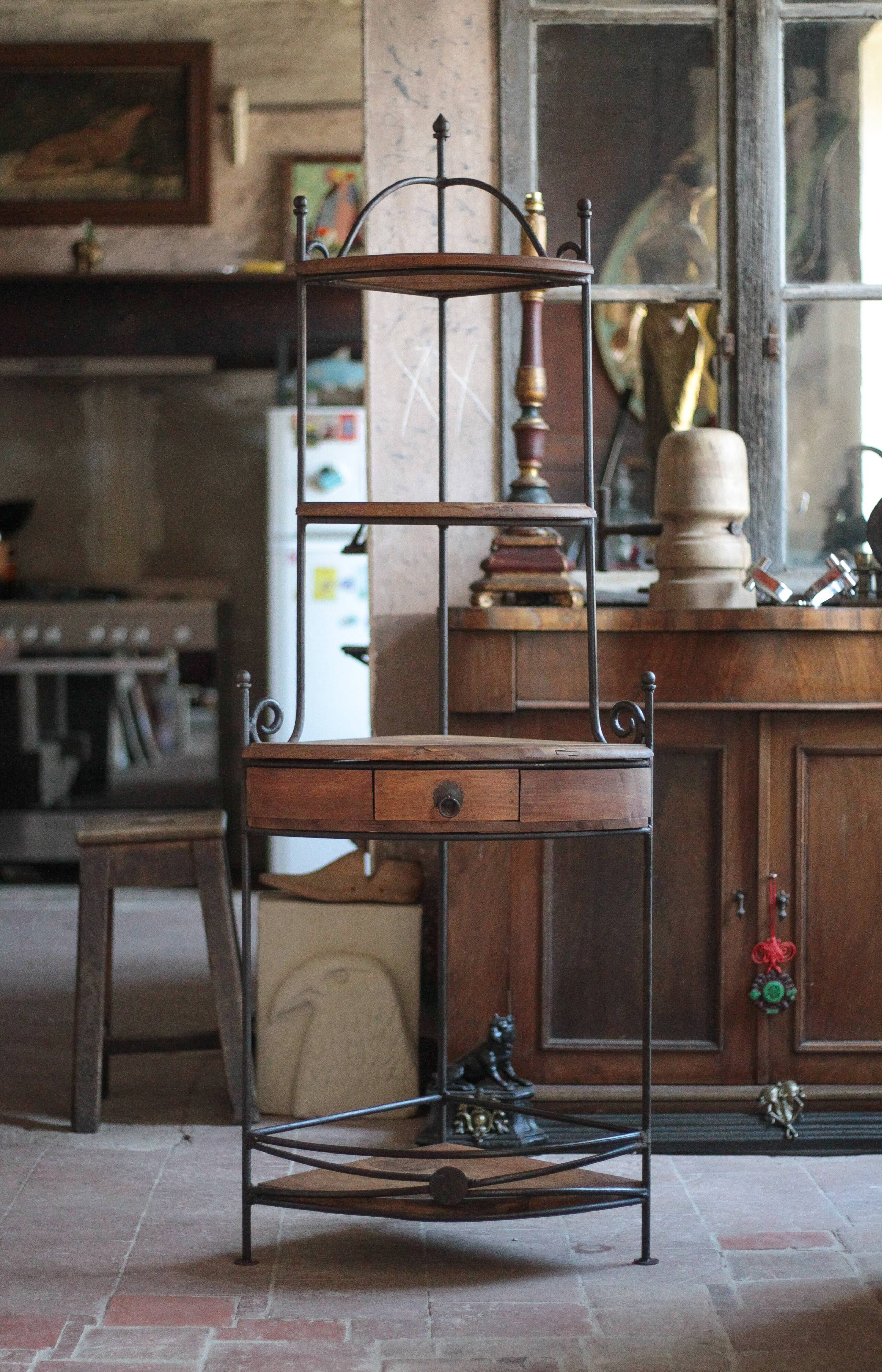 Wrought iron and wood corner unit, vintage corner furniture, corner shelf.