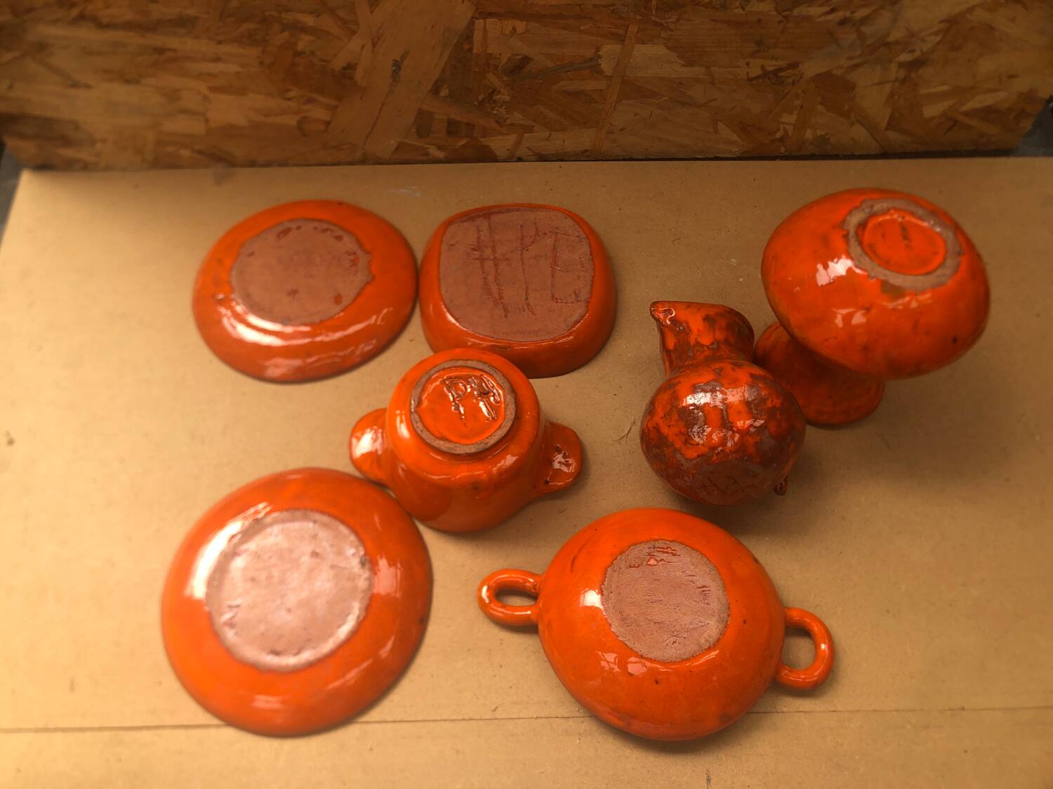 Old vallauris service 7 pieces empty pitchers pocket ceramic orange #a996