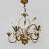 Lustre vintage 3 feux en métal blanc et doré vieilli, feuilles de palmier