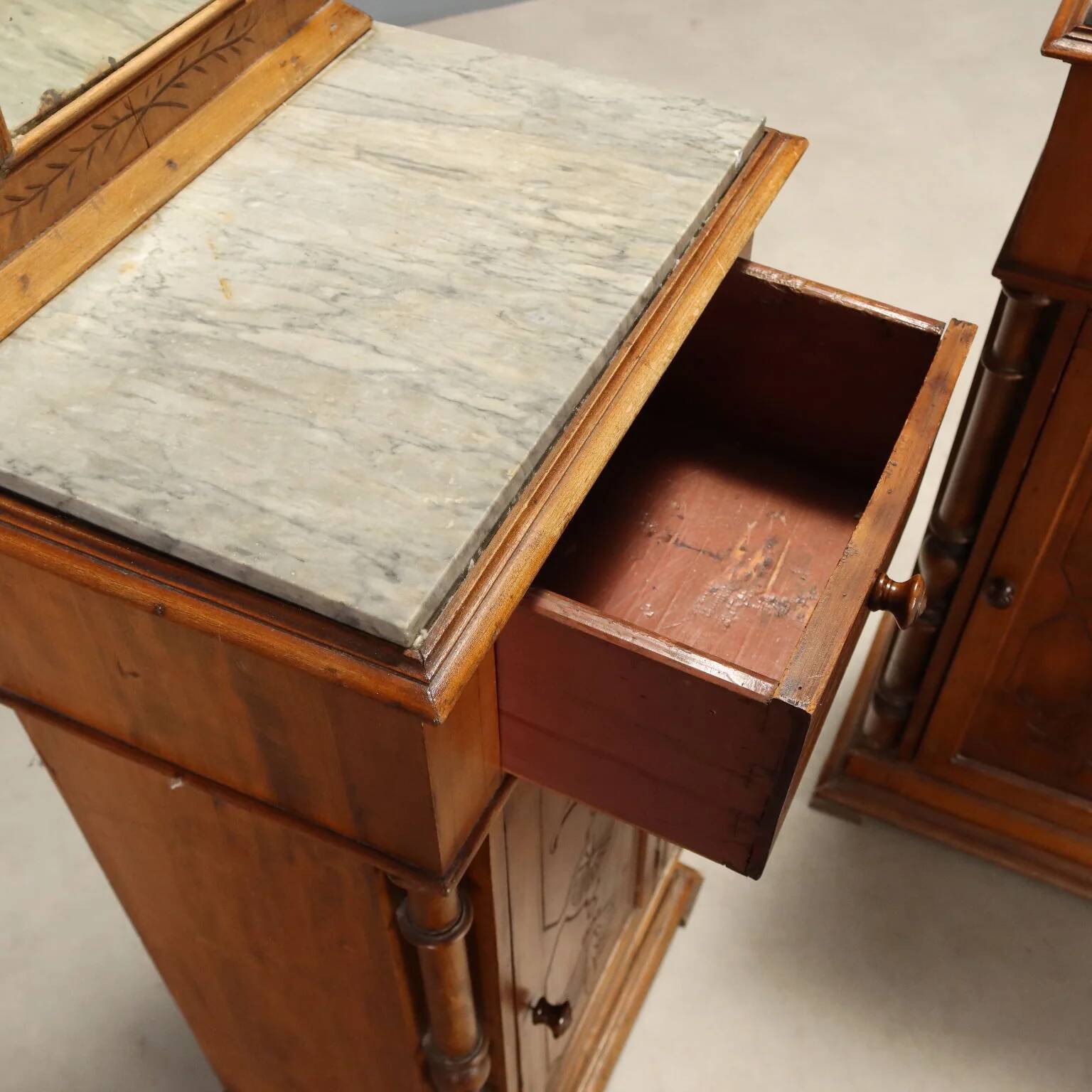 Antique walnut bedside tables with grey marble, Italy, 19th century.