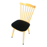Chaise style baumann western bois jaune + assise skaï noir vintage