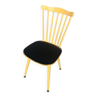 Chaise style baumann western bois jaune + assise skaï noir vintage
