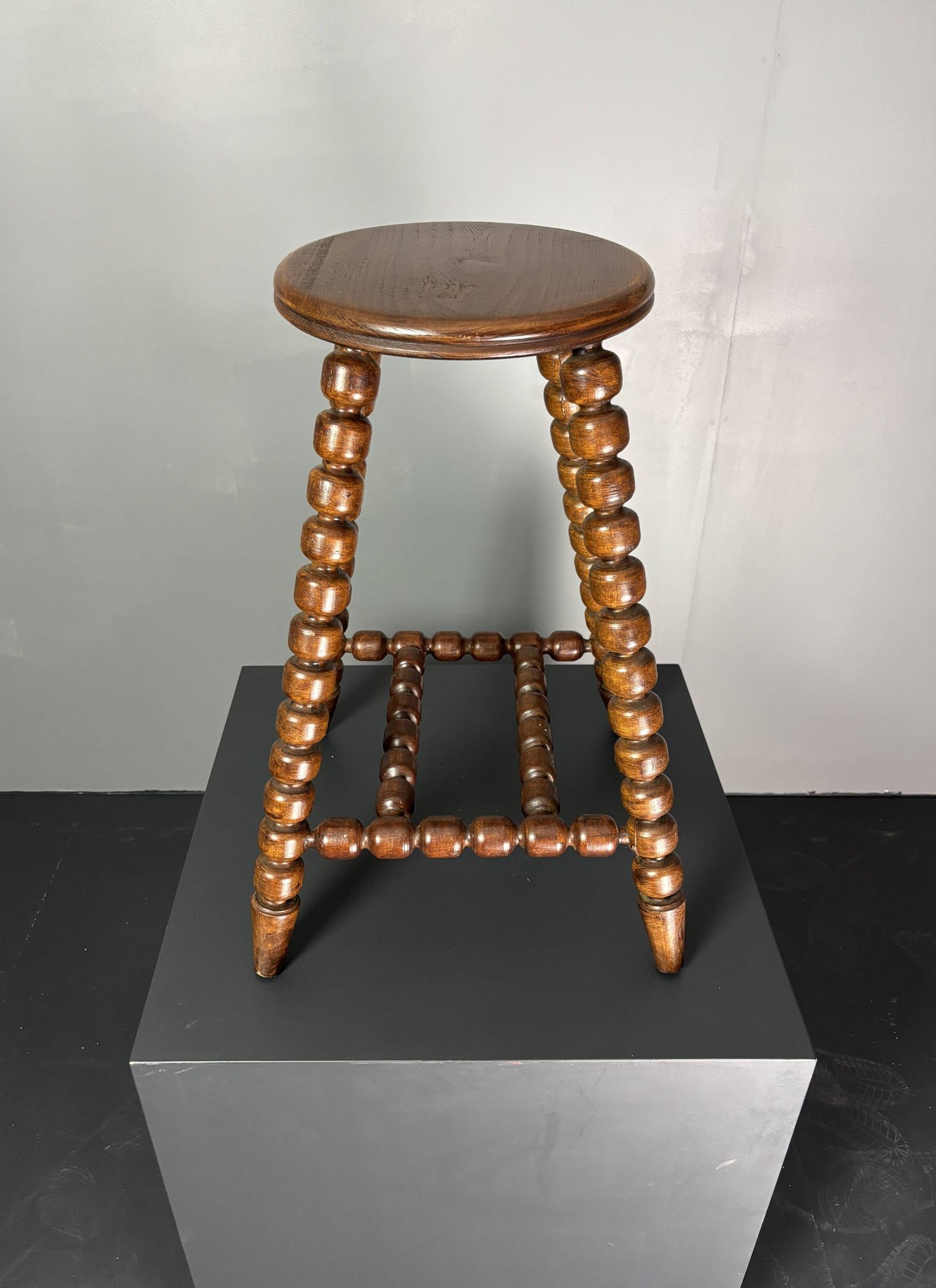 Midcentury brutalist wood turned stool in the style of Charles Dudouyt, 50s