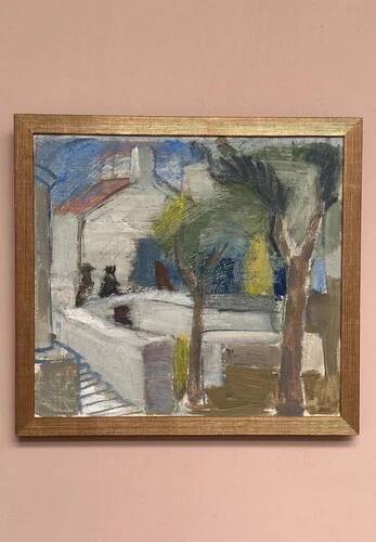 Mid-Century Oil on Canvas 'House with Two Trees' by Zage, Vintage & Framed