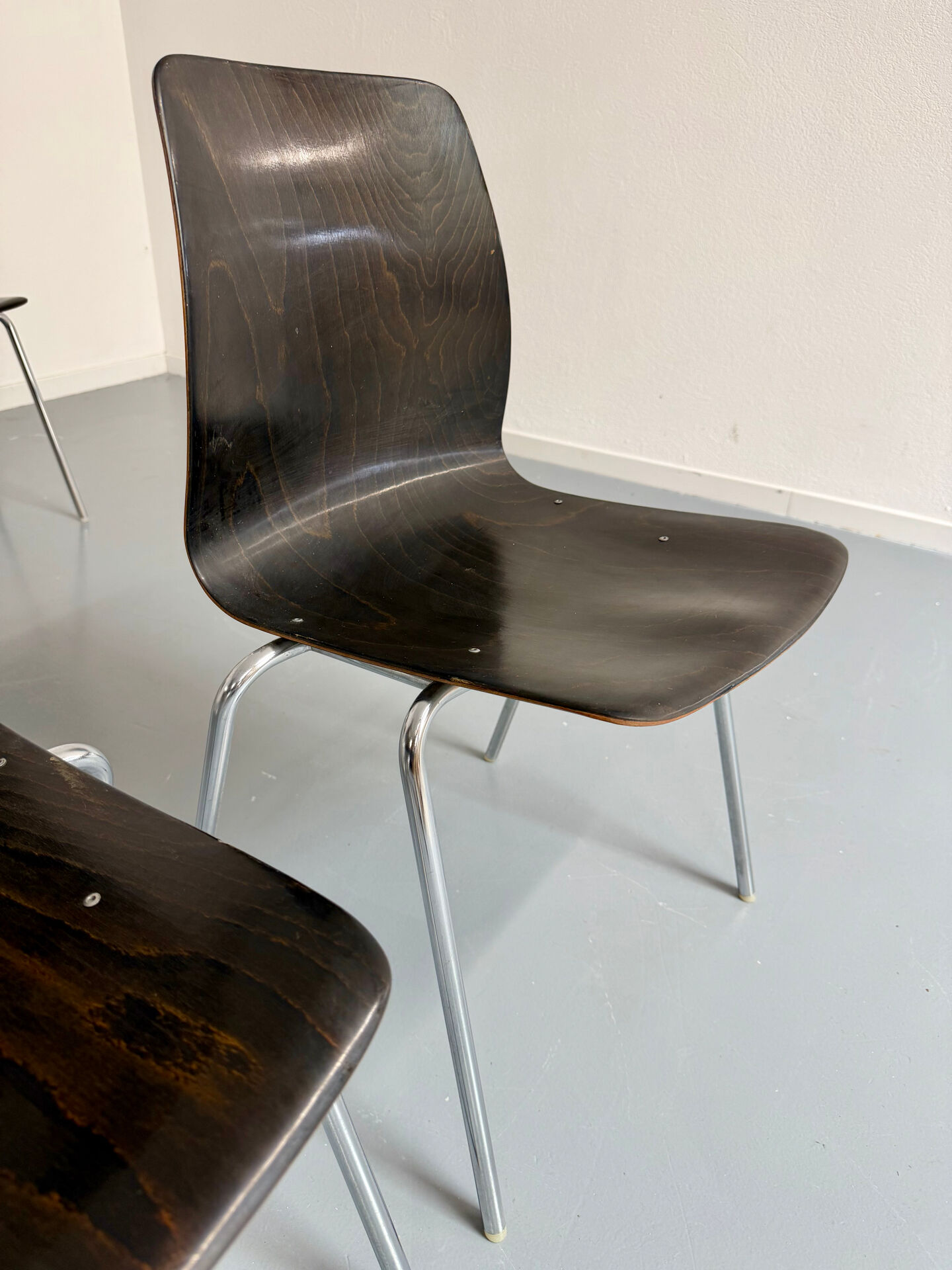 Set of 6 wooden and chrome chairs, Pagholz design from the 80s, vintage Pagwood.