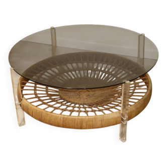 Vintage smoked glass, rattan & lucite coffee table - 1970