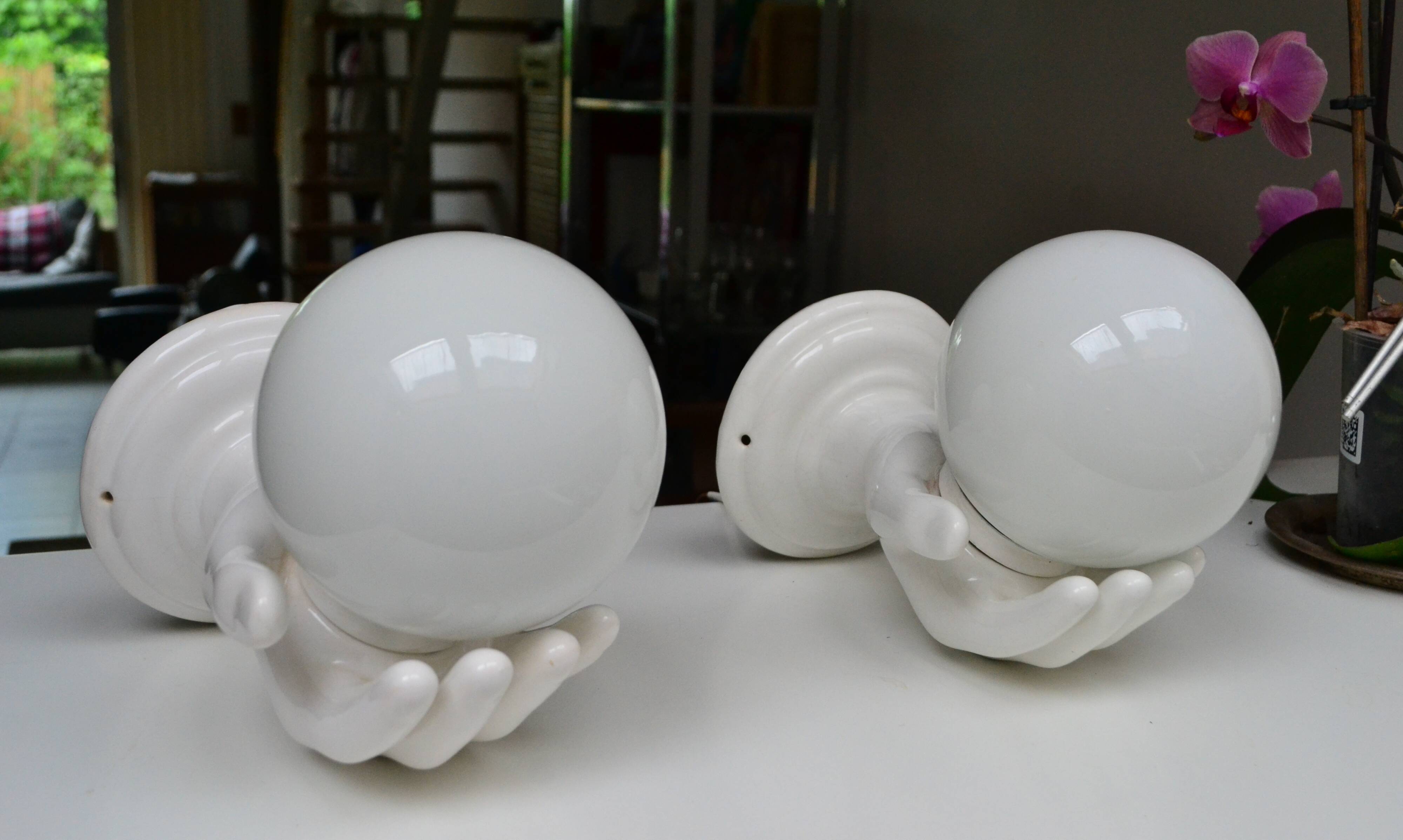 Pair of white ceramic wall lights from the 1970s.