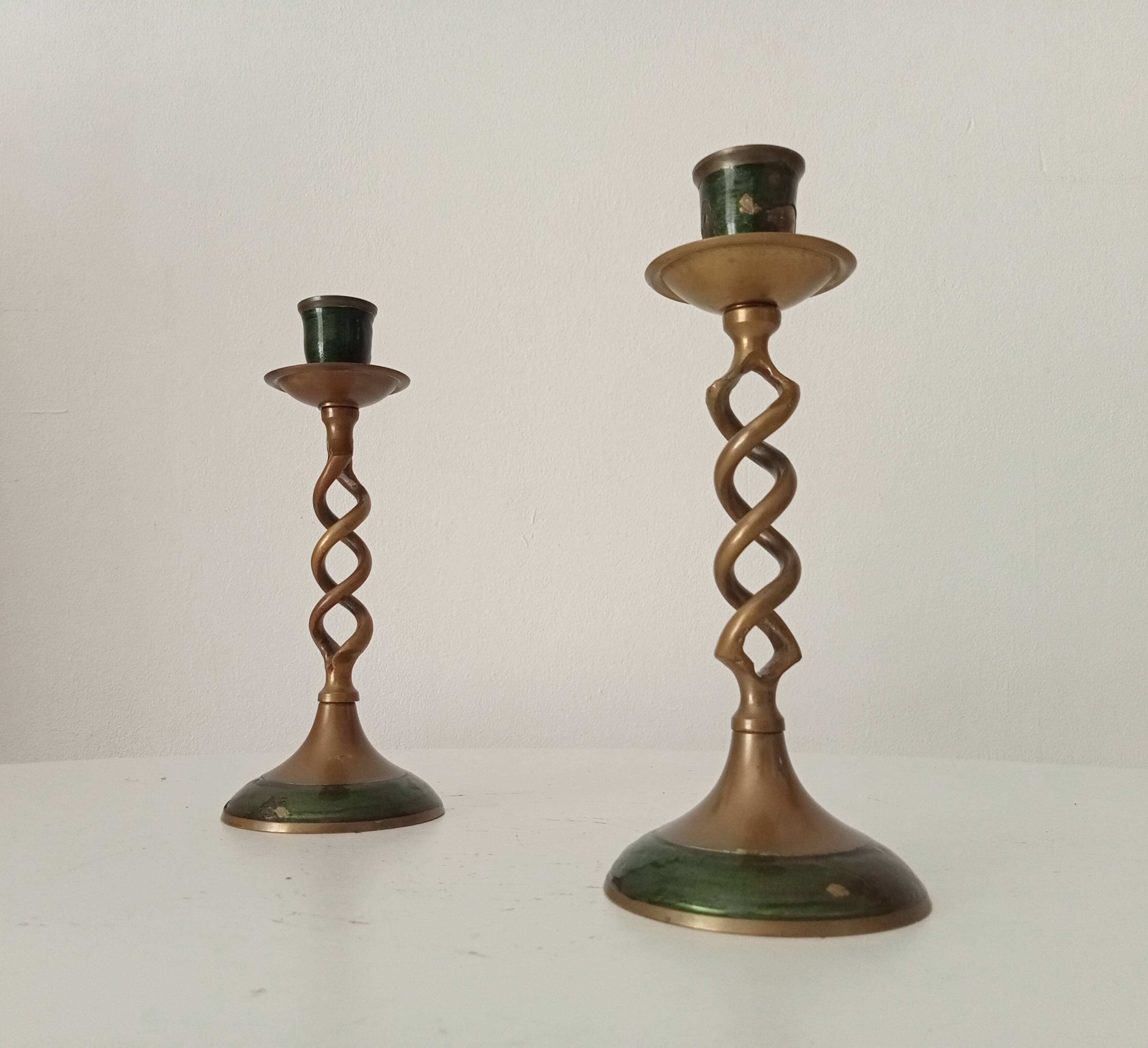Twisted vintage candlestick in enamelled solid brass