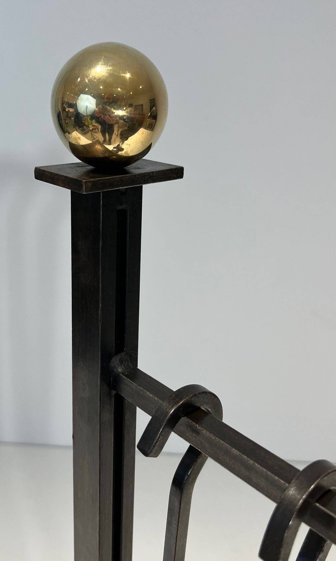 Modernist Fire Necessities in Steel and Brass with Hanging Tools, in the