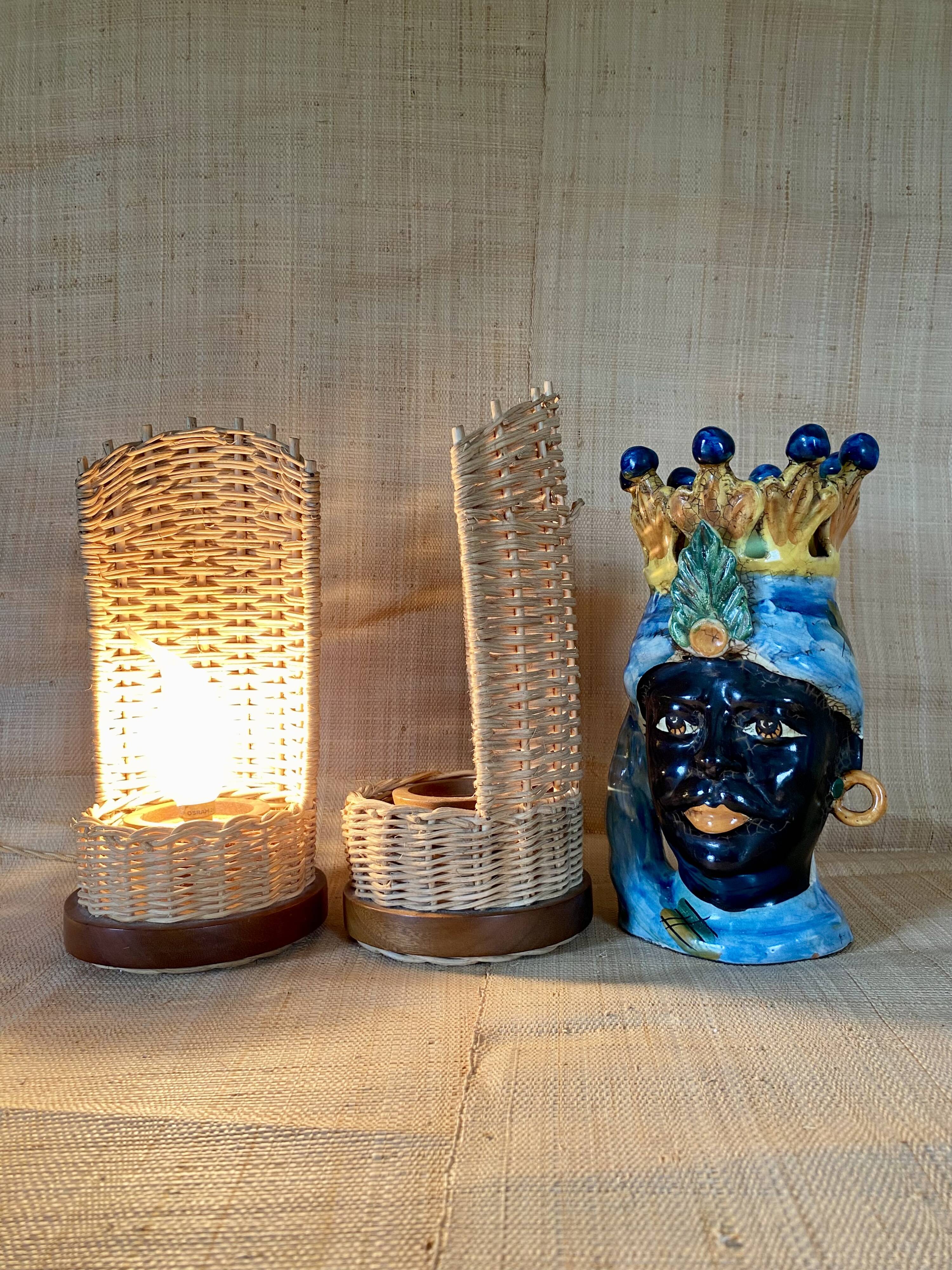 Duo de lampes rotin, câbles tissu neuf 2x2M