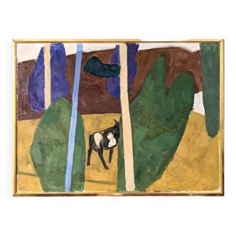 Peinture à l’huile de paysage vintage suédoise « vache moderniste » du milieu du siècle par Ture Fabianssonb
