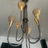 Lustre vintage en laiton et rigitulle 6 feux