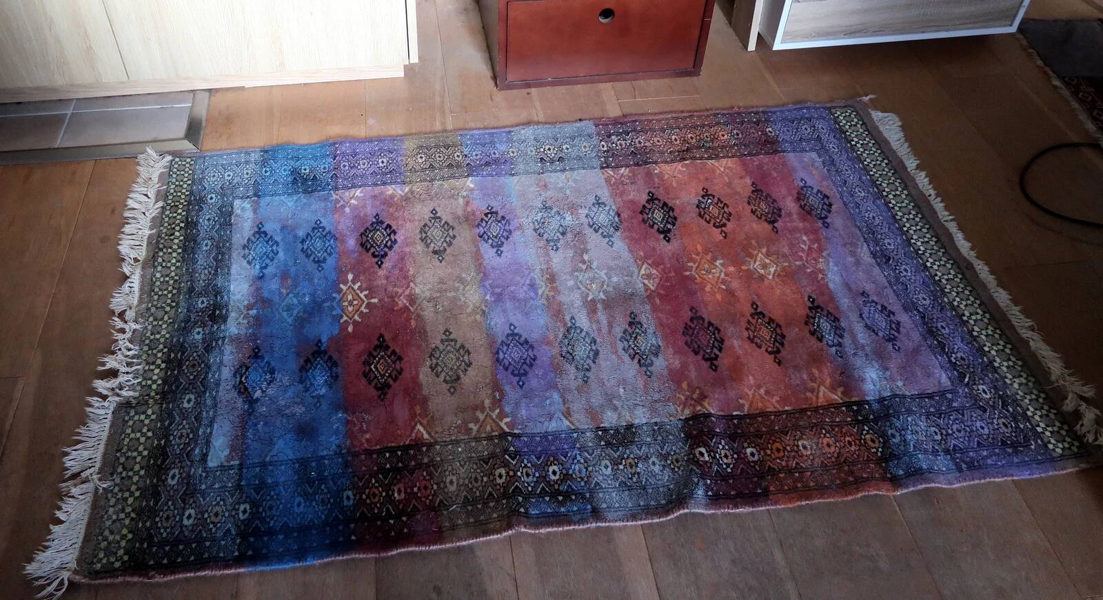 Contemporary artistry meets vintage Bukhara rug, 95cm x 154cm, 1950s