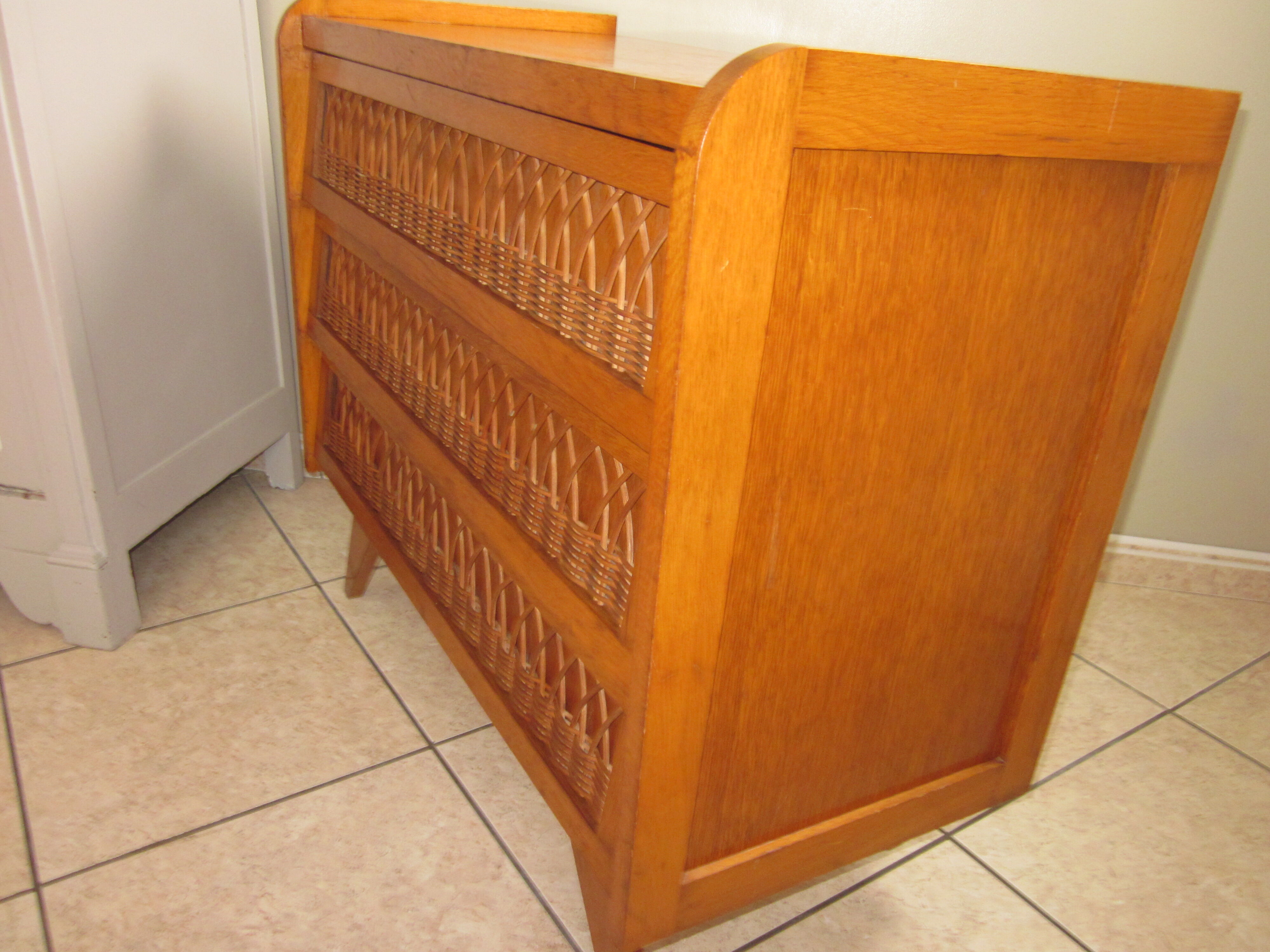 Vintage wood and rattan dresser