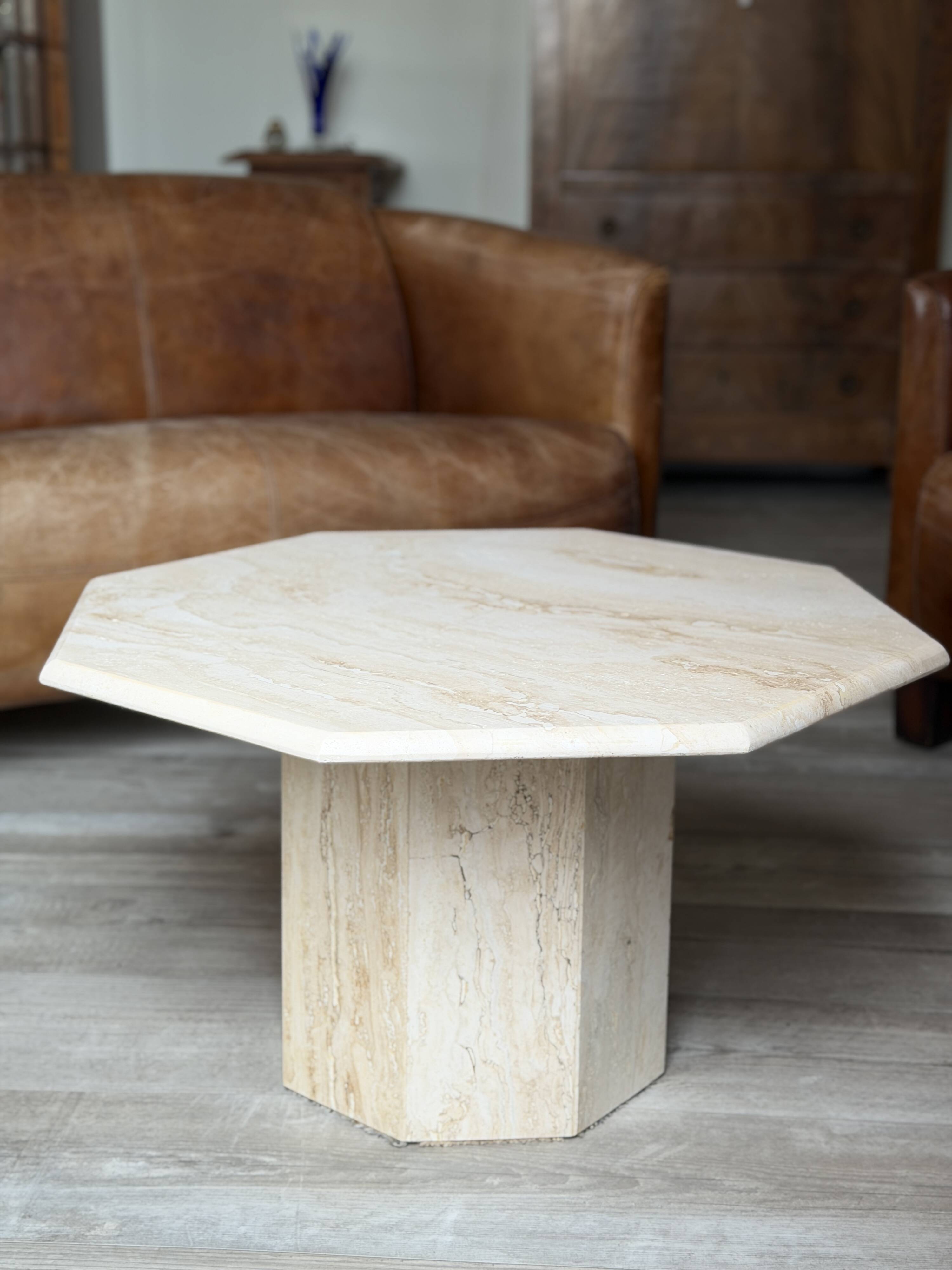 Postmodern octagonal coffee table in Italian travertine, 1970.