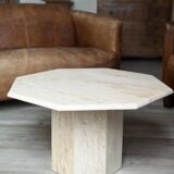 Postmodern octagonal coffee table in Italian travertine, 1970.