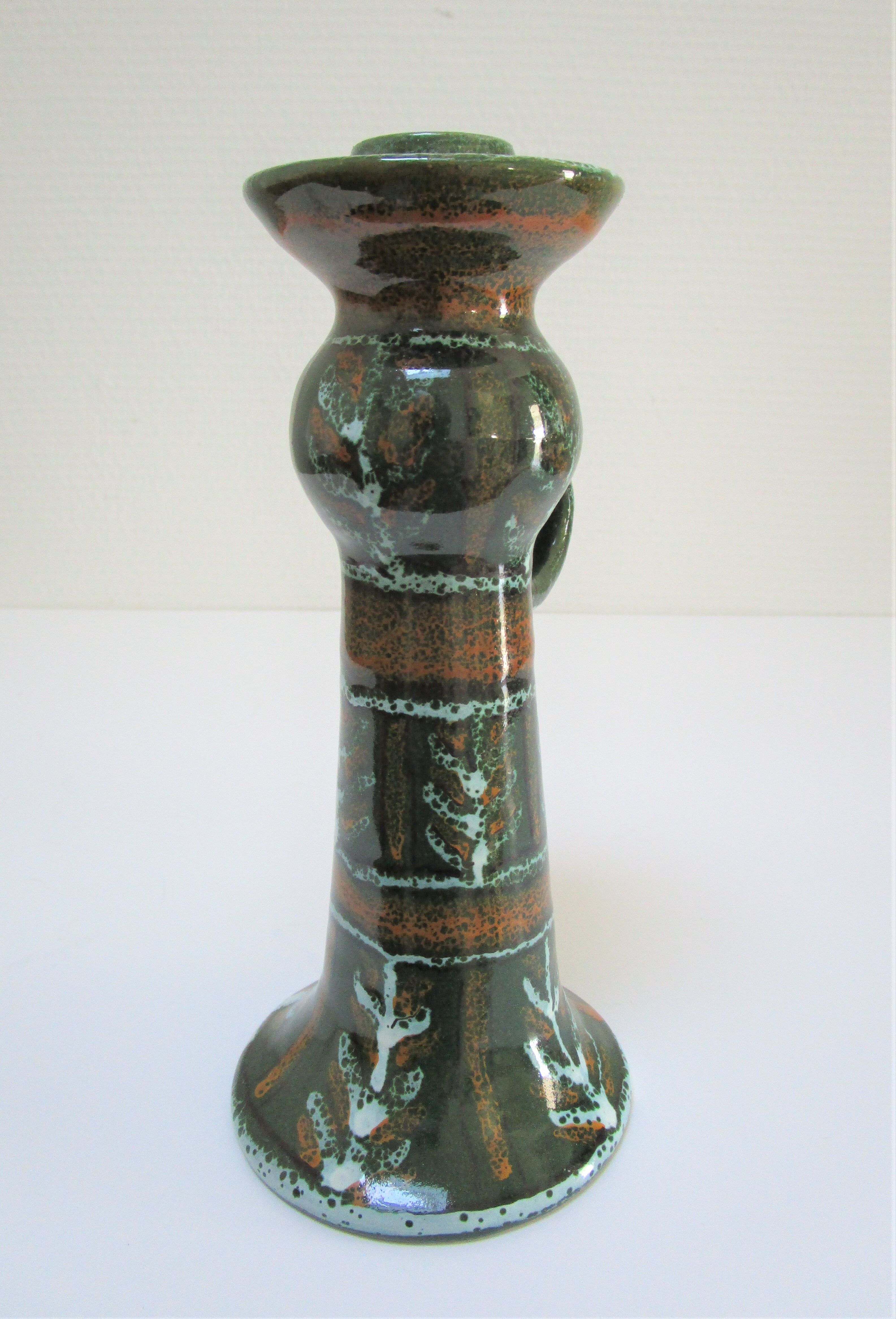enamelled ceramic candle holder signed "S" plant decoration 70s