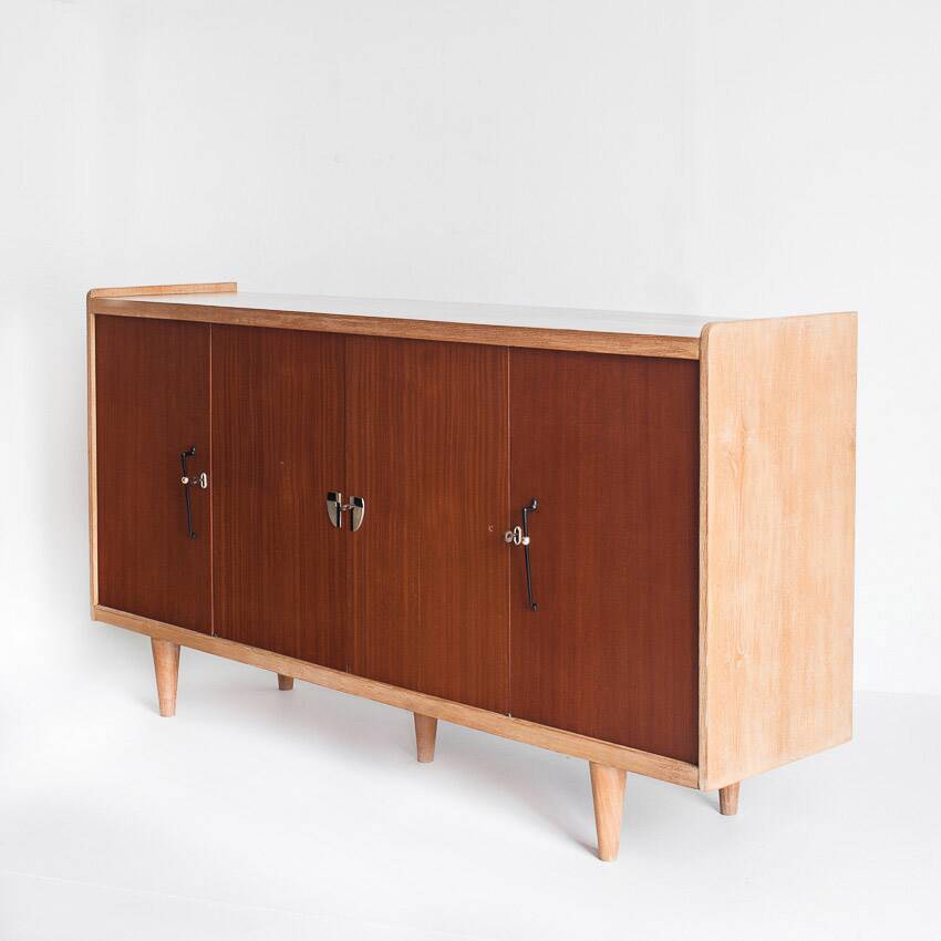 Vintage high buffet. Oak and mahogany veneer, France, 1960s.