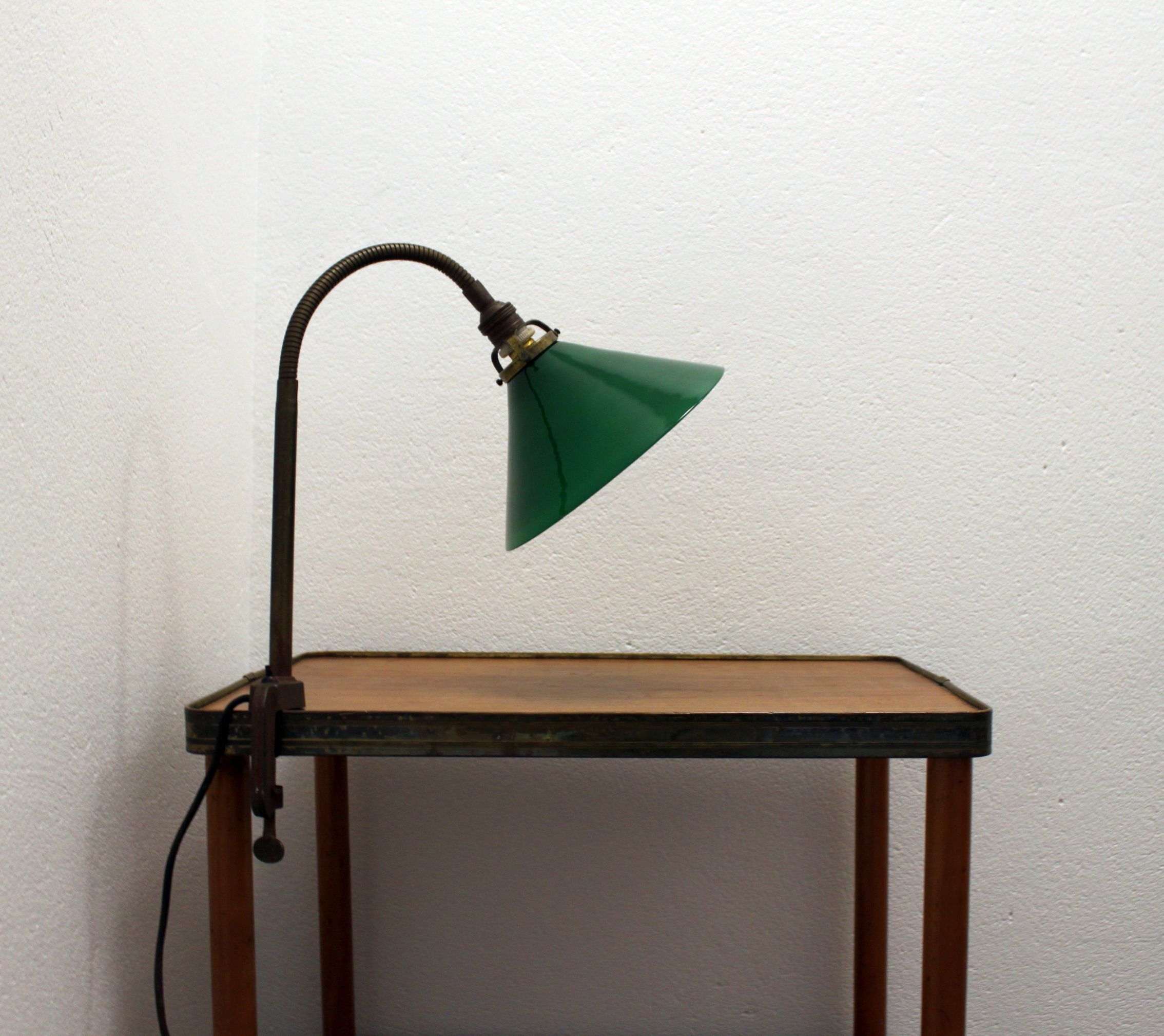 Vintage industrial vice lamp, green opaline.