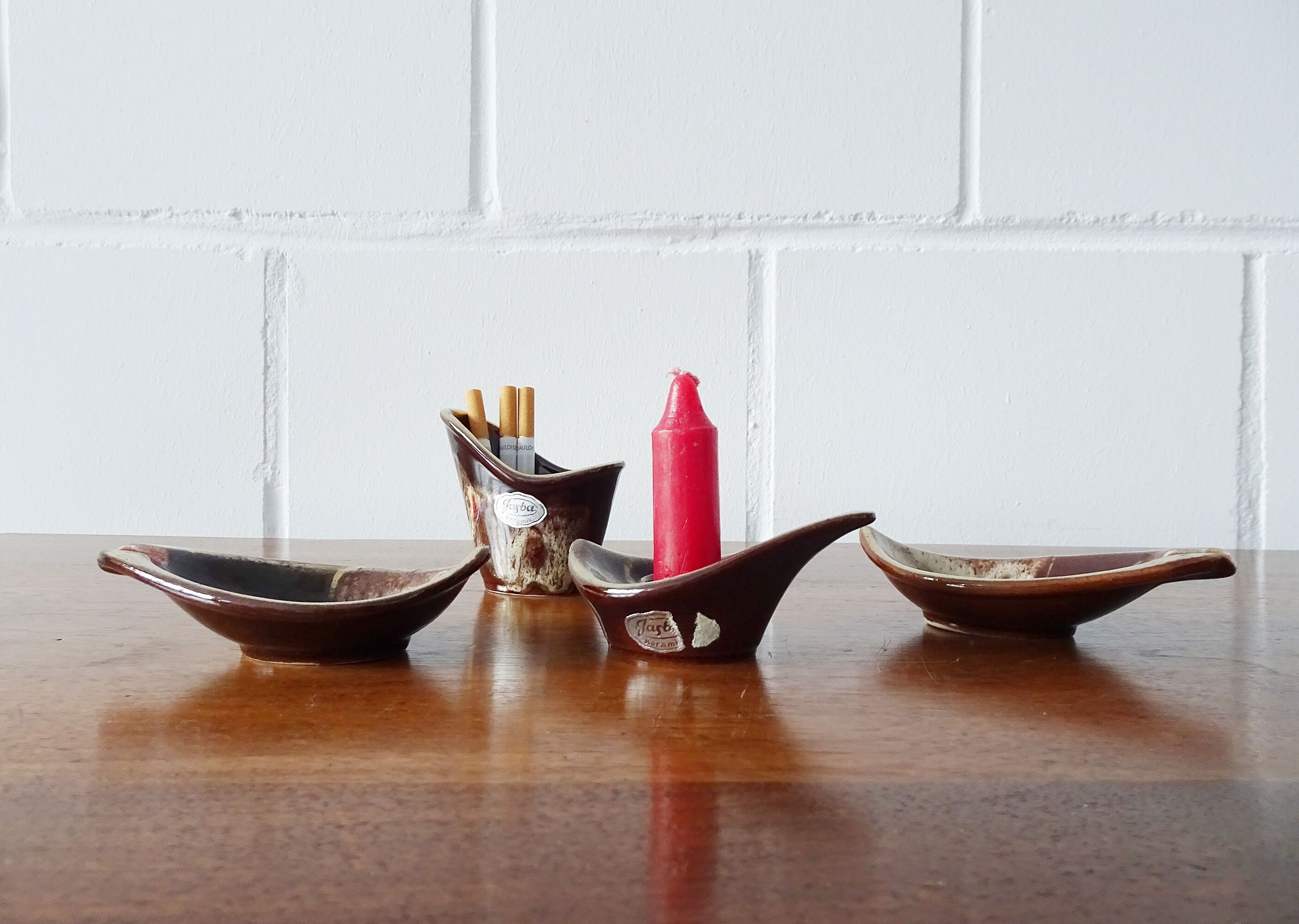 Jasba smoking set in brown red, four-piece Jasba ceramic set, table set, ashtray, candle holder hous