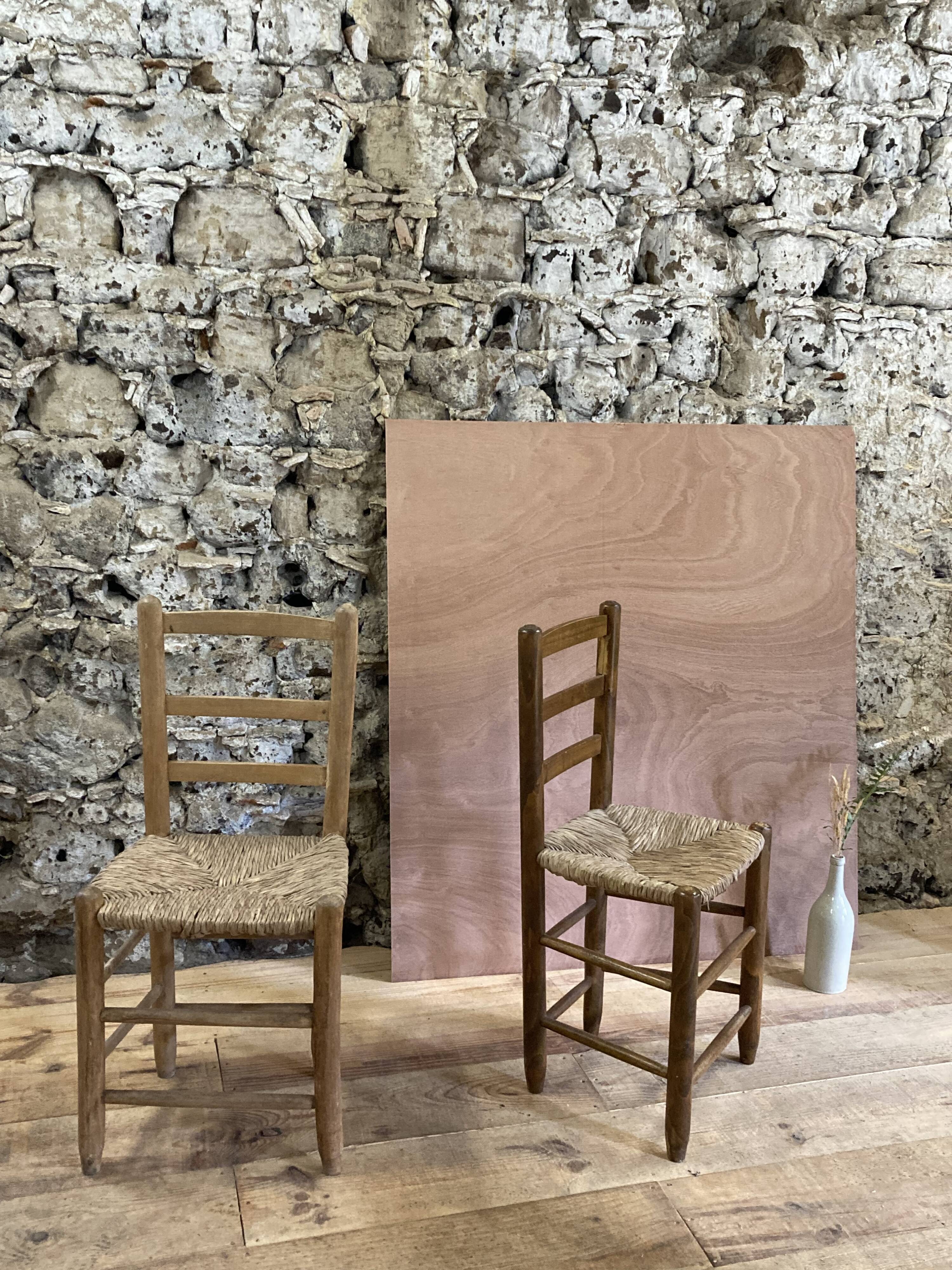 Pair of rustic-style vintage straw wood brutalist chairs