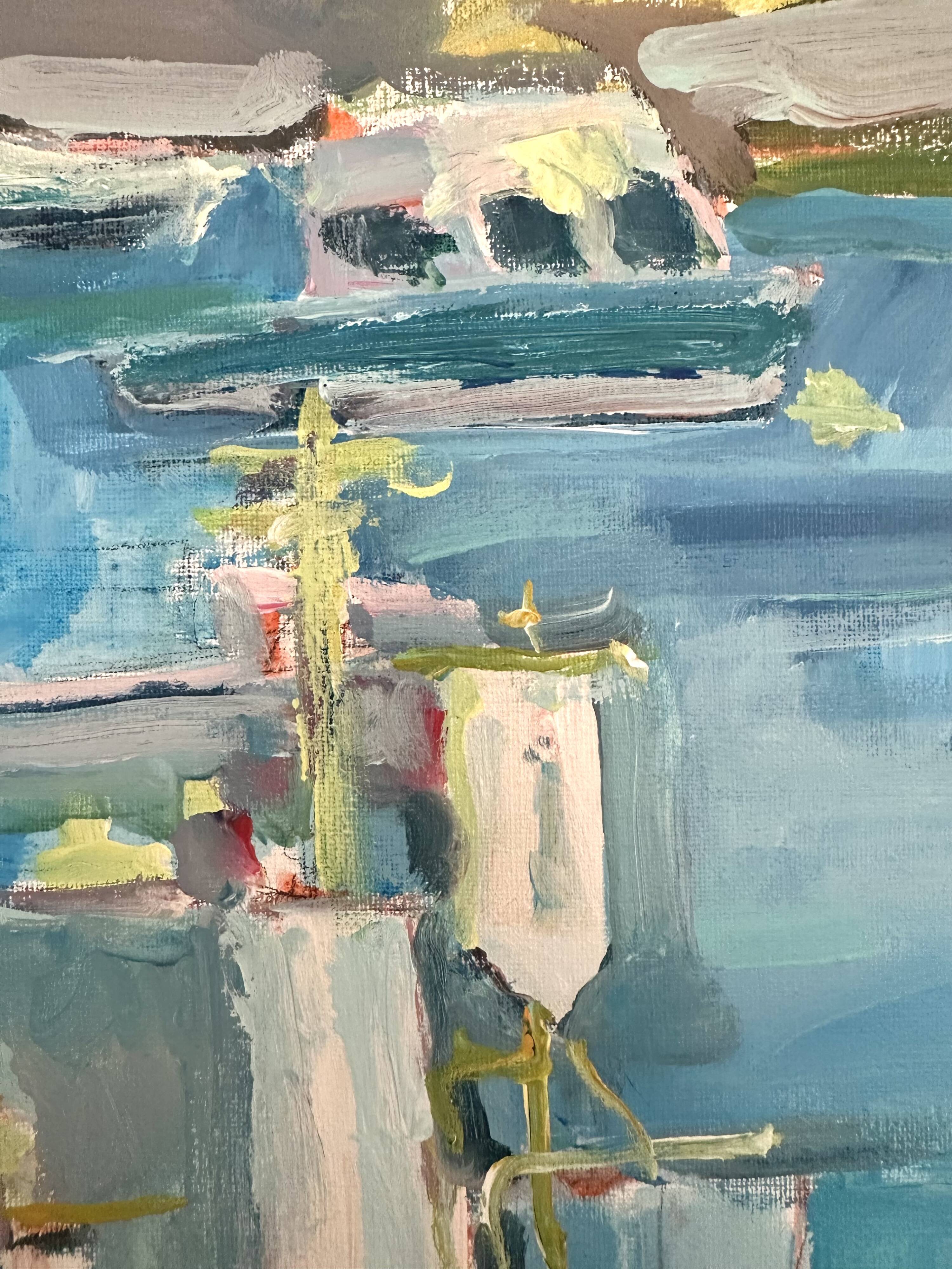 Oil on canvas signed, fishing port with colourful boats.