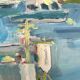 Oil on canvas signed, fishing port with colourful boats.
