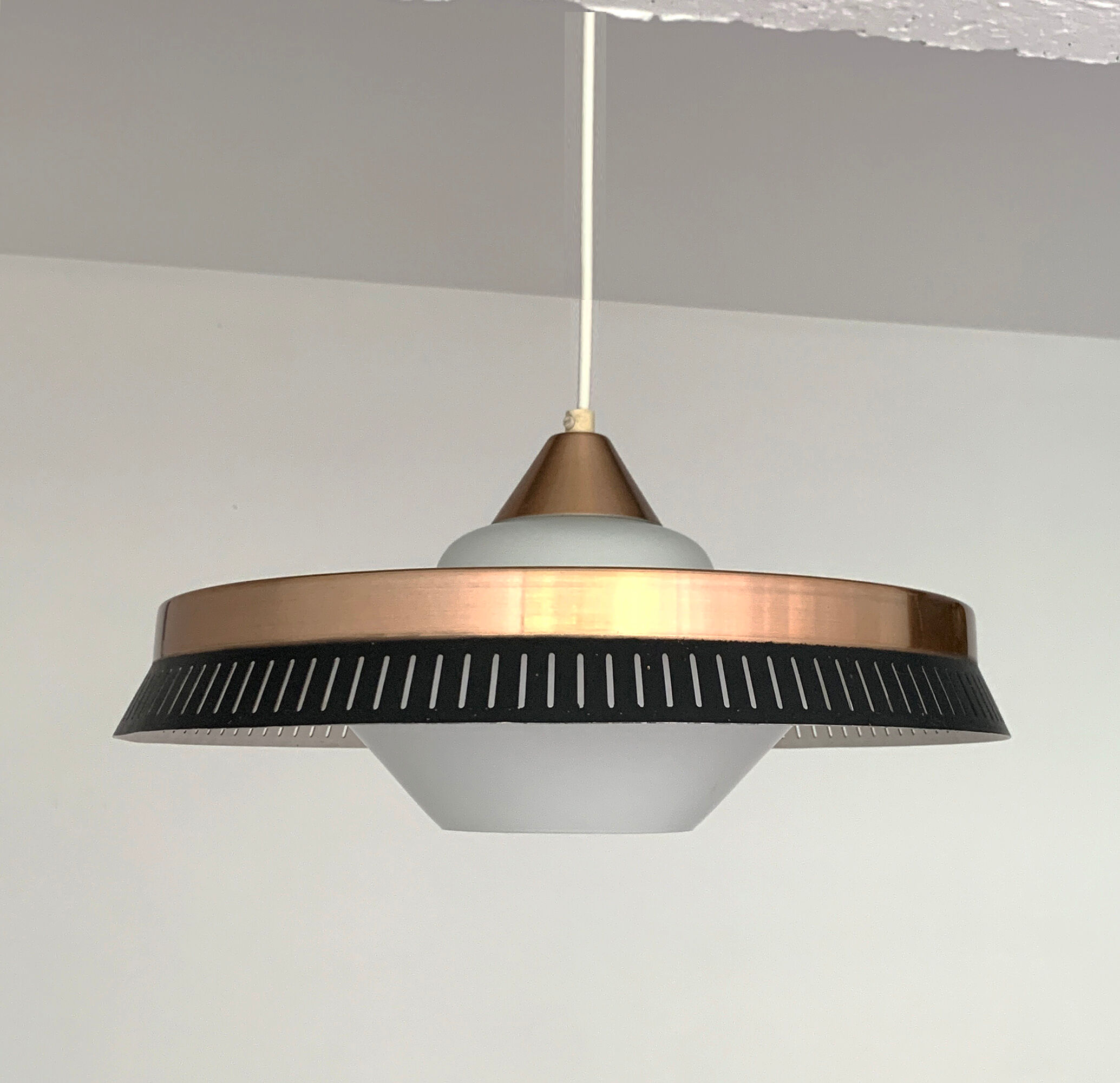 Scandinavian suspension lamp in copper and opaline glass, Bent Karlby for Lyfa, Denmark, 1960s