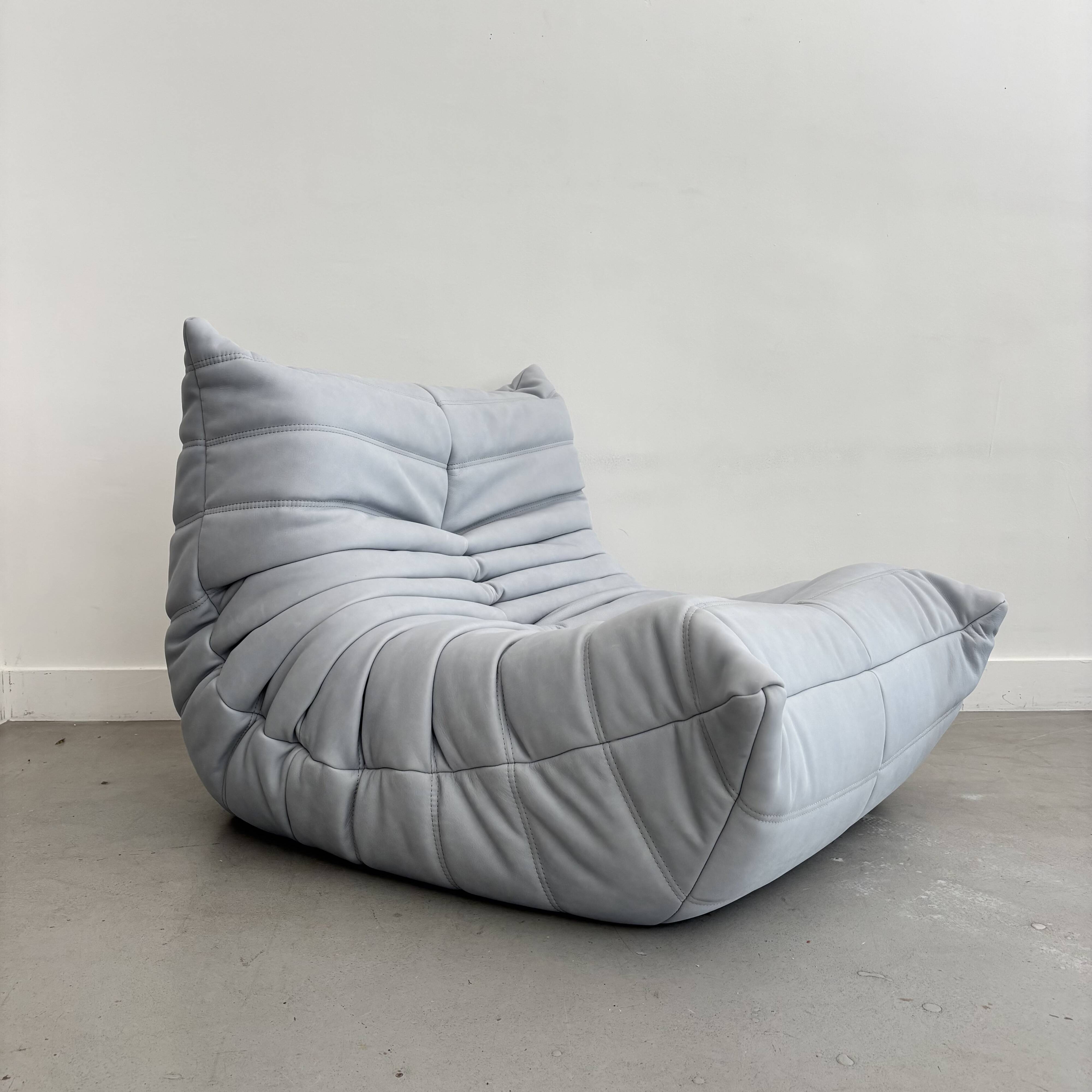 Sky blue leather armchair
