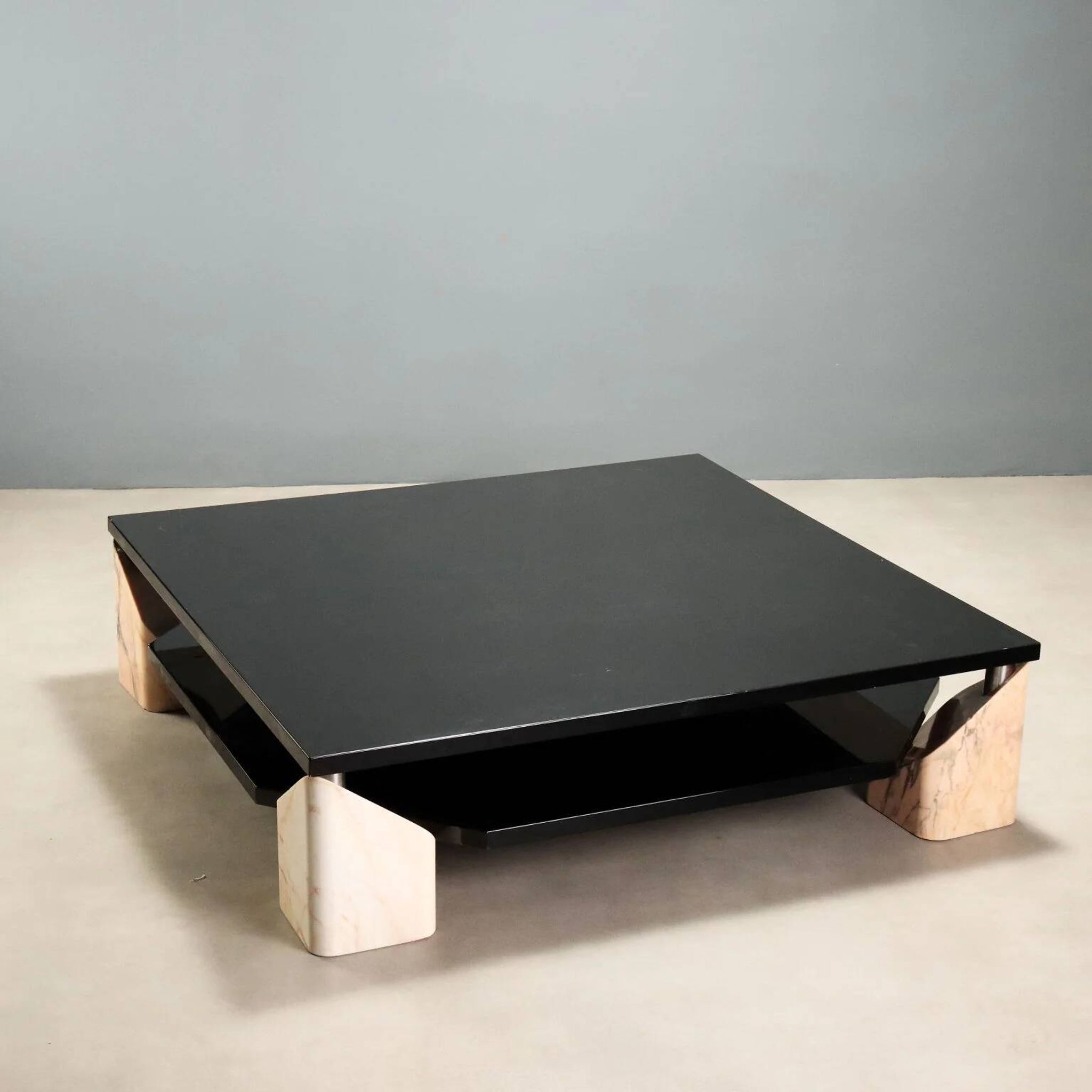 Vintage coffee table in pink marble and lacquered wood, 1970s design.