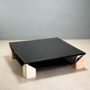 Vintage coffee table in pink marble and lacquered wood, 1970s design.