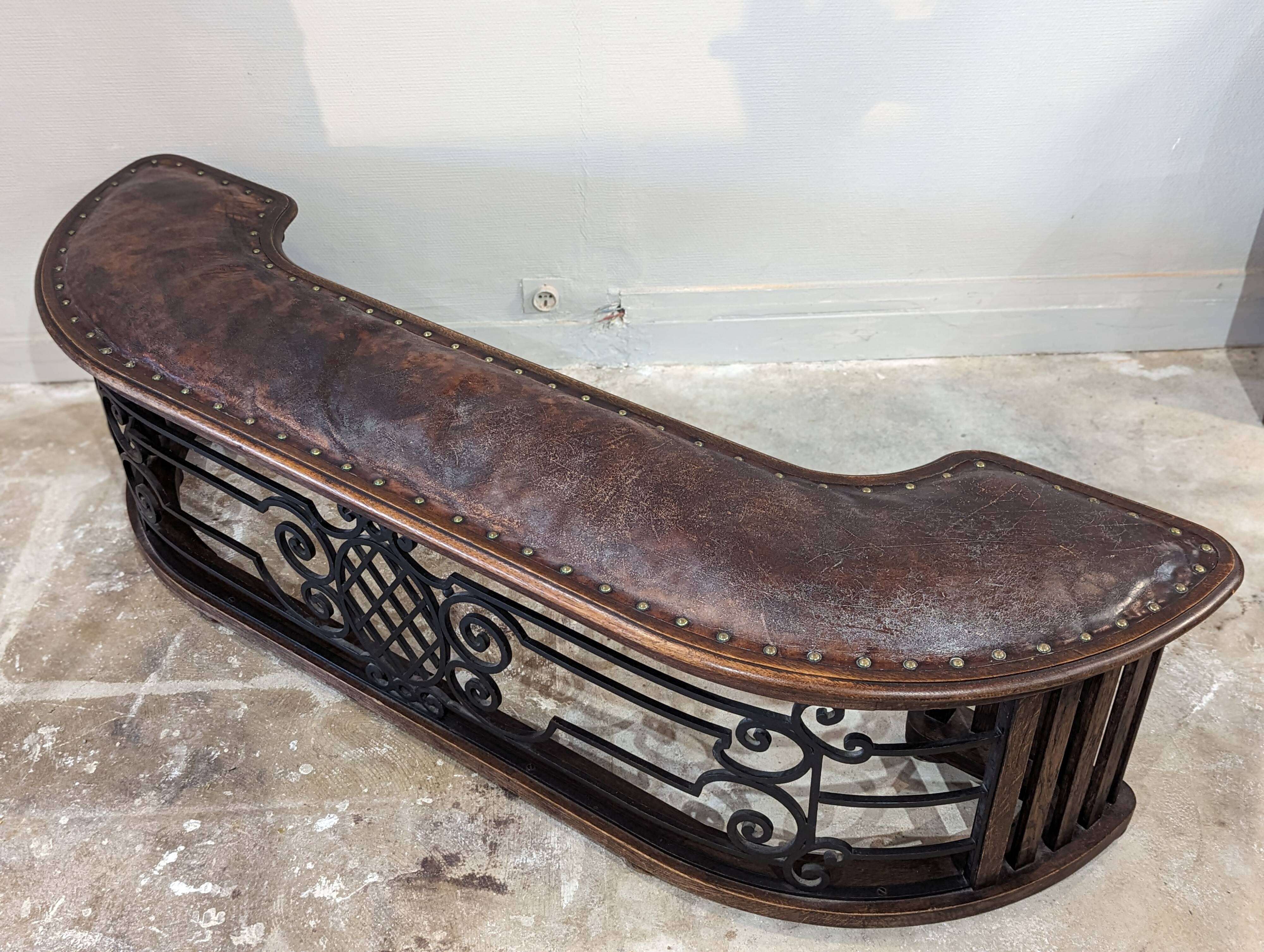 Old fireplace bench, wrought iron leather and oak