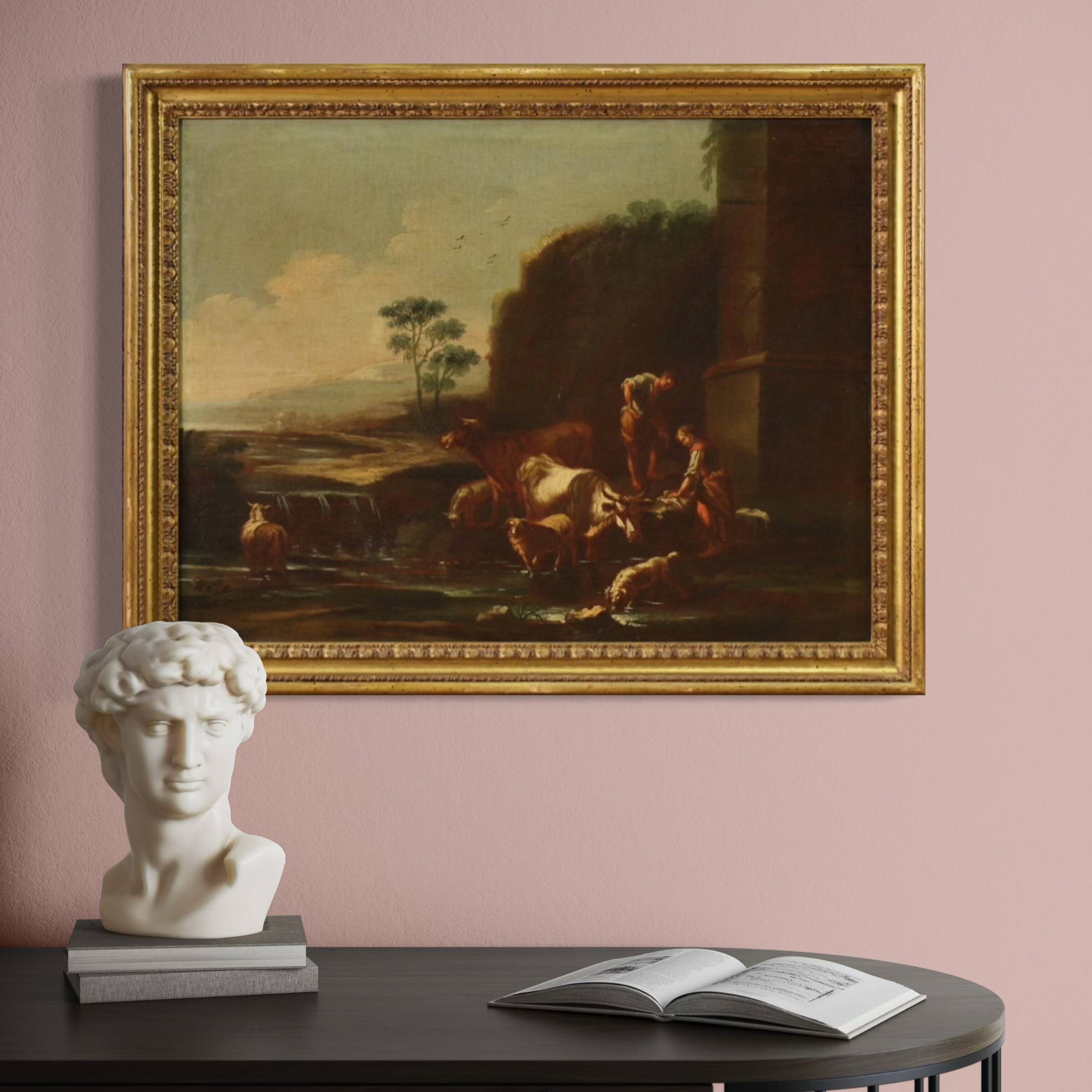 Painting of the Roman school of the 17th century, landscape with pastoral s