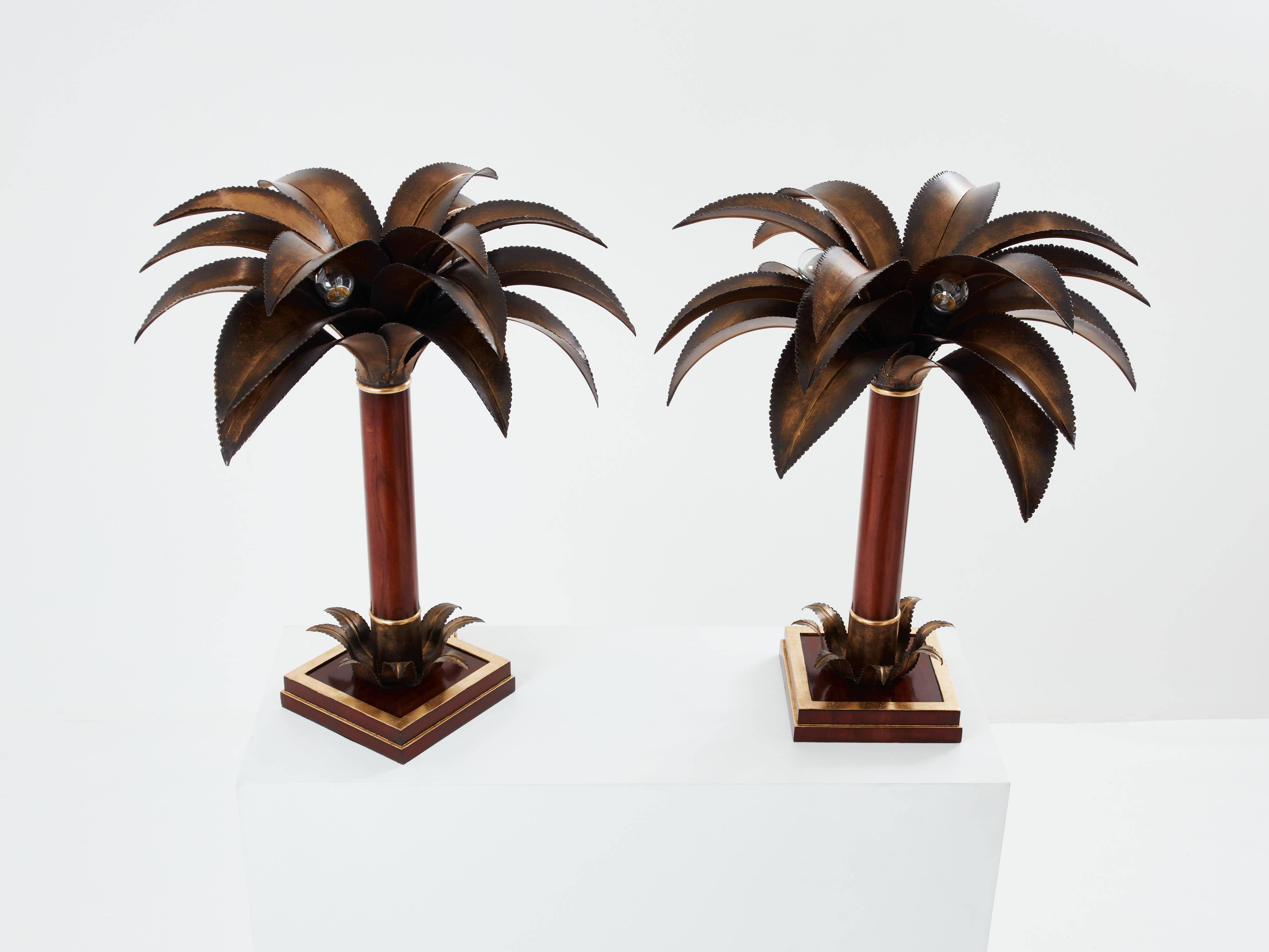 Maison Jansen style pair of bronze mahogany palm tree lamps 1960s