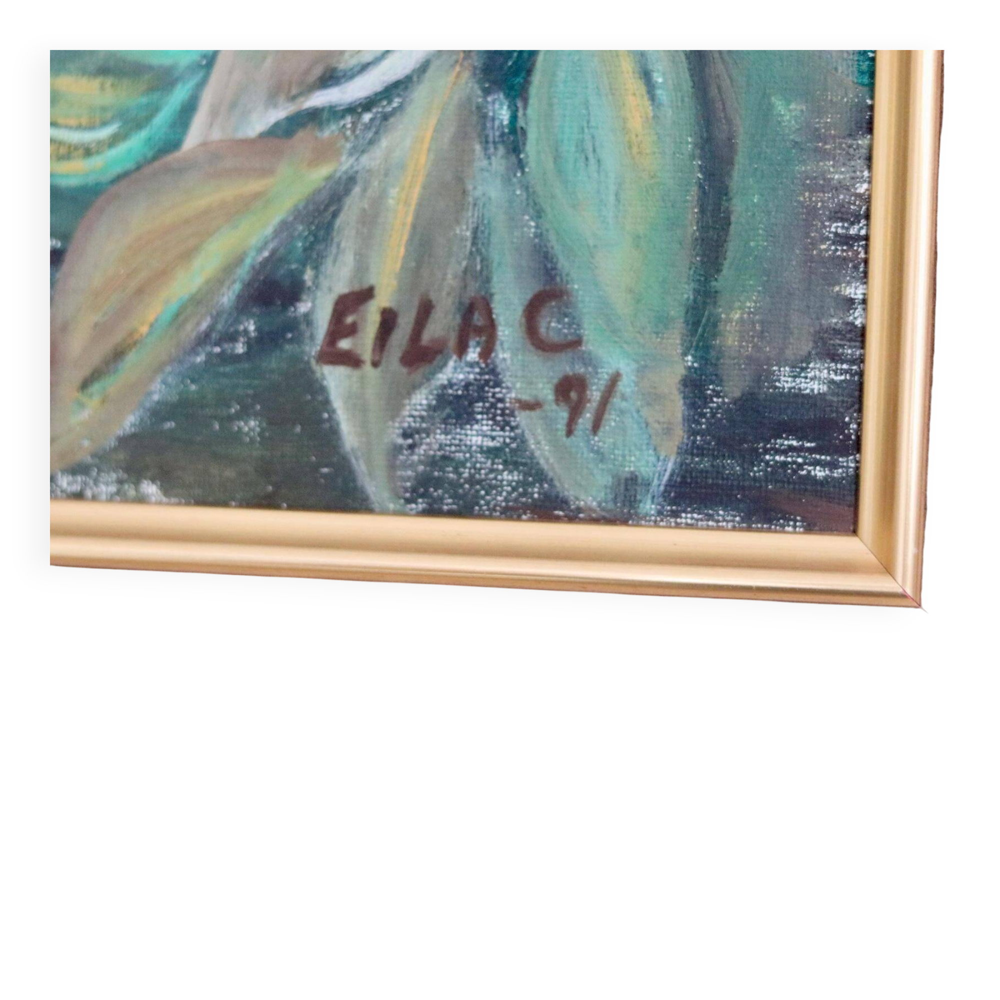 Huile sur toile « Motifs floraux » par Eila C, Suède milieu XXème