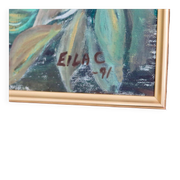 Huile sur toile « Motifs floraux » par Eila C, Suède milieu XXème
