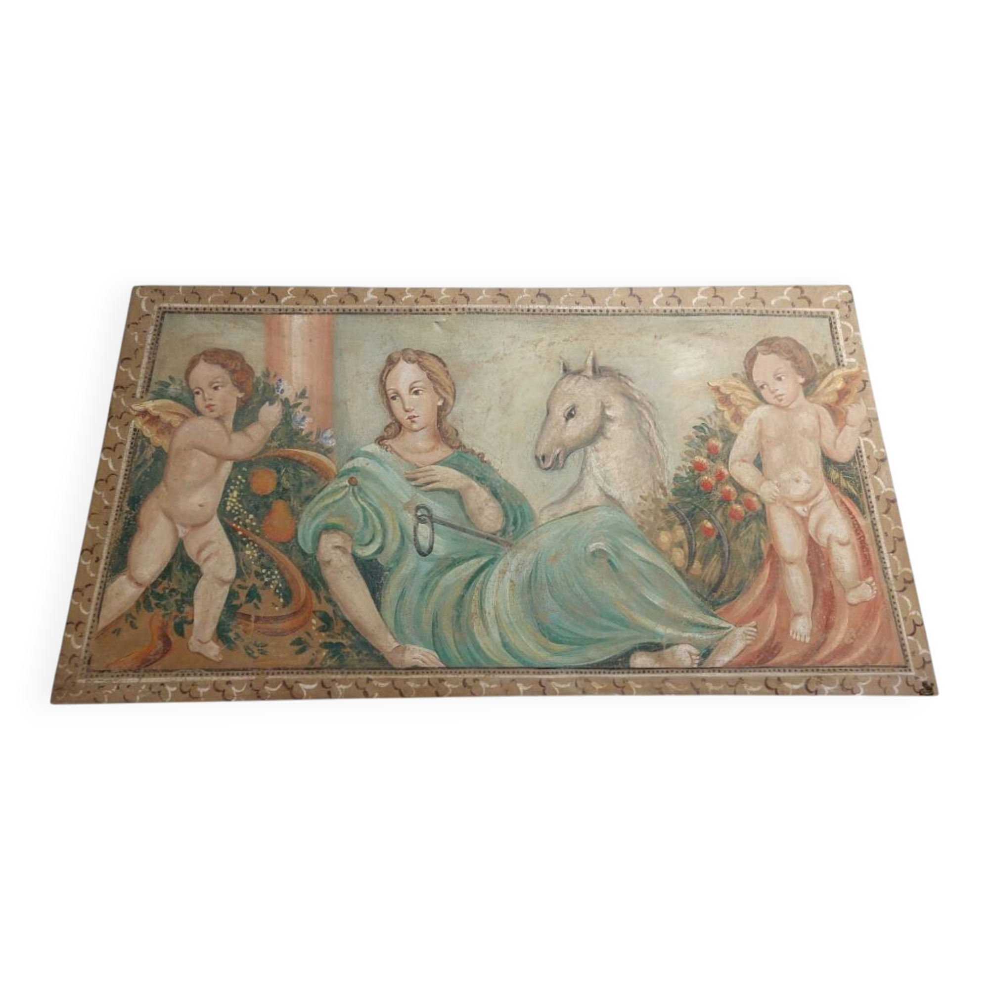 Allegory large painted tempera panel on decorative canvas 170x80 cm