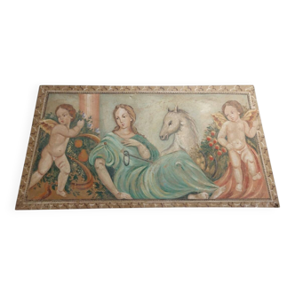 Allegory large painted tempera panel on decorative canvas 170x80 cm