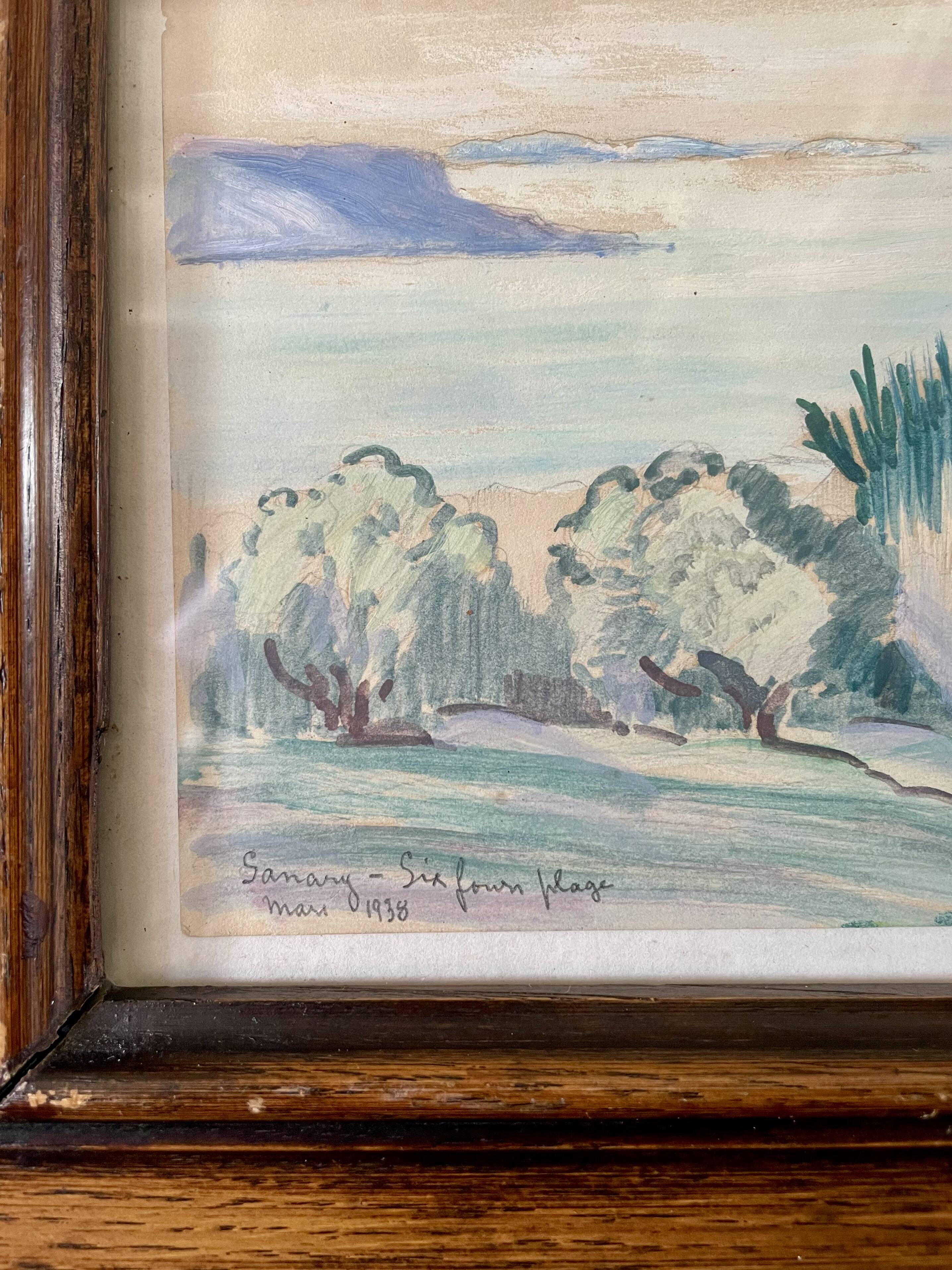 Paysage provençal aquarelle cadre en bois massif 1938