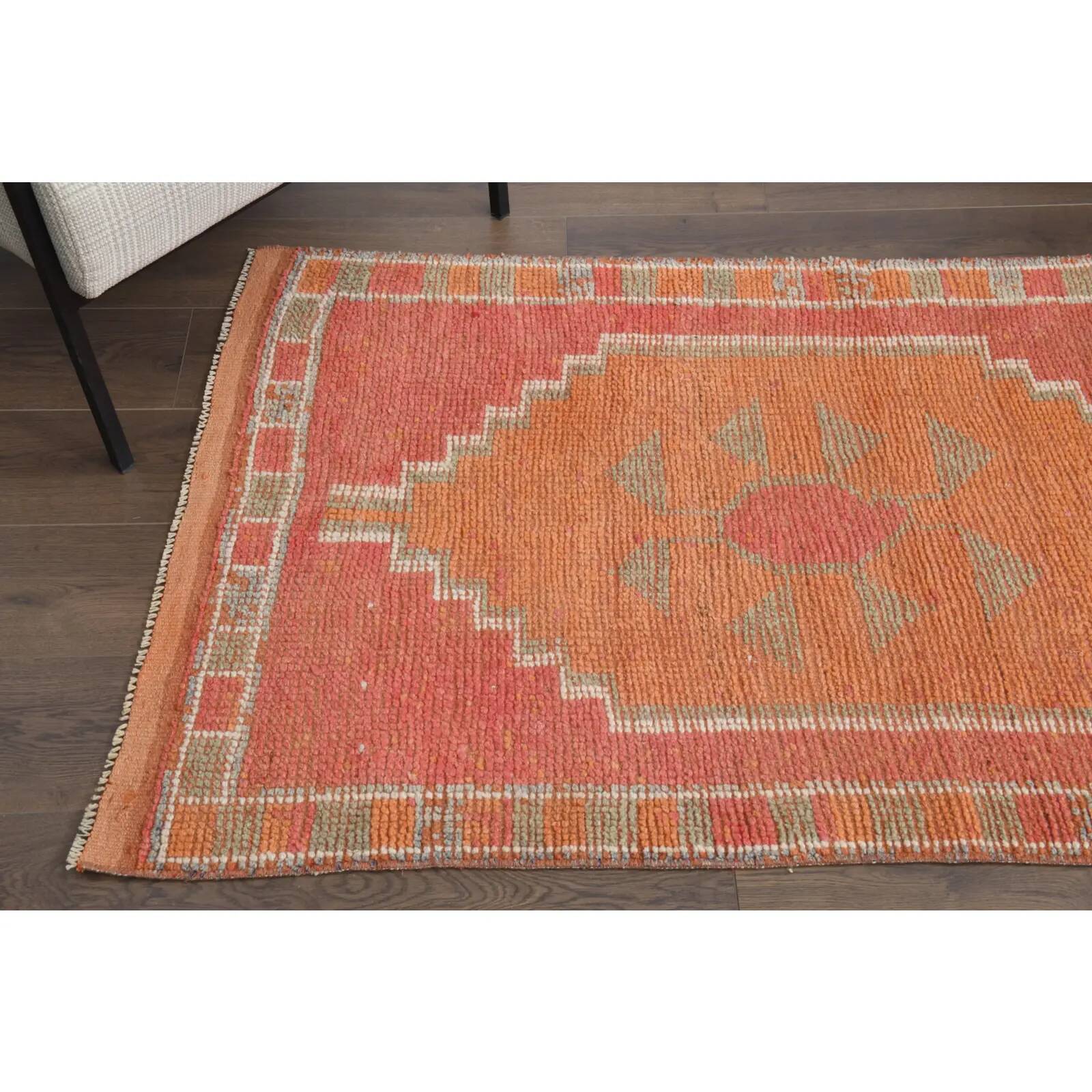 Vintage Turkish hand-knotted wool cotton orange runner rug 96x339