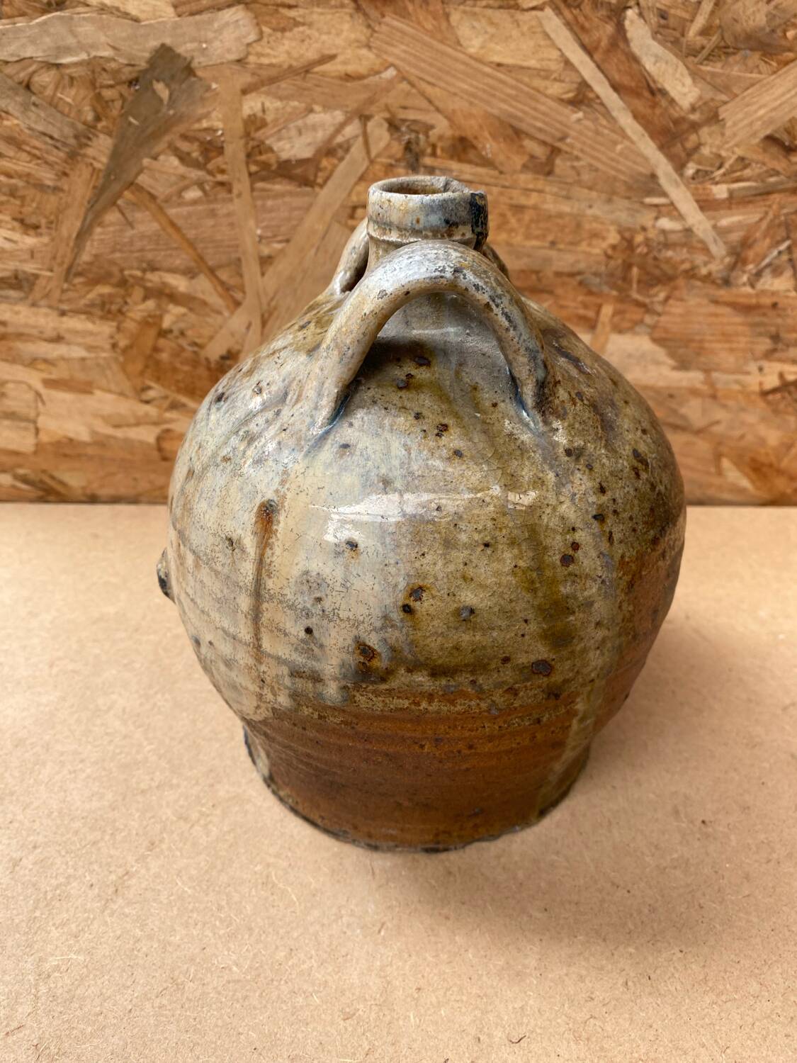 Antique oil jug jar double handle glazed stoneware grey vintage