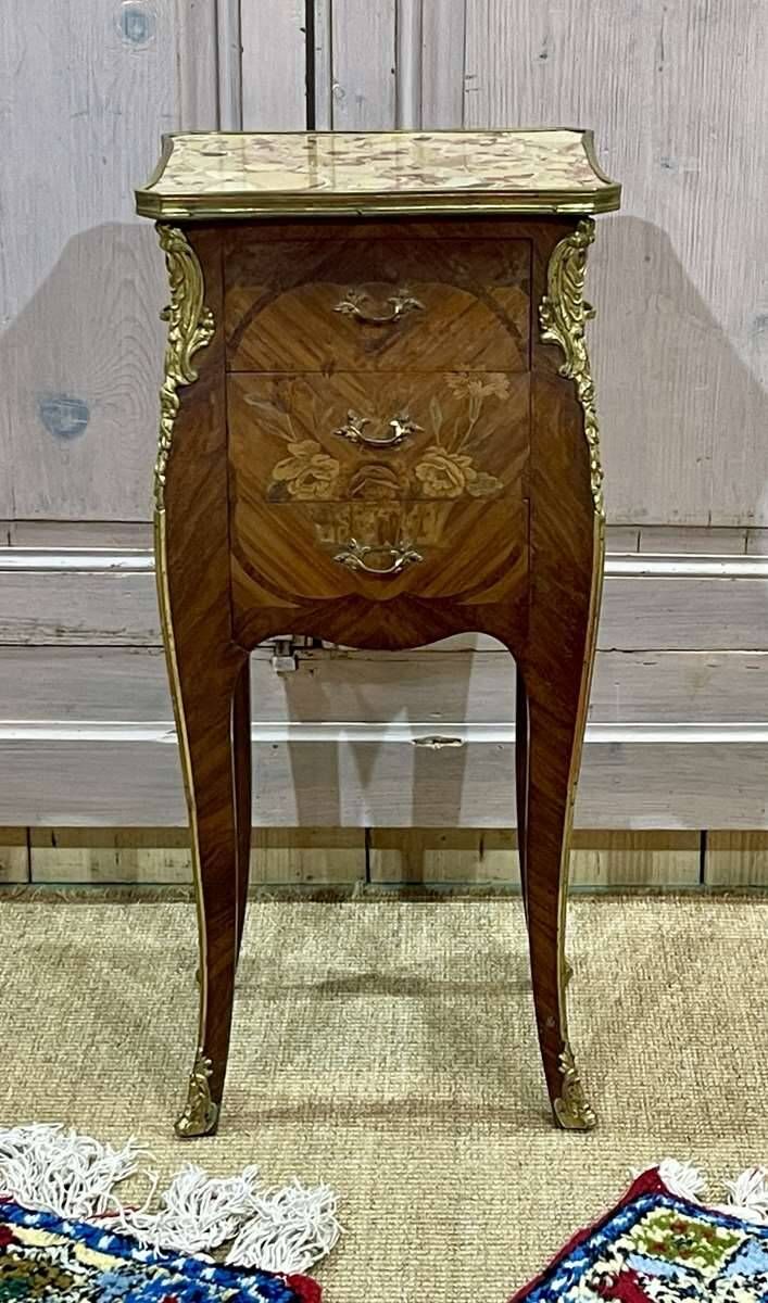 Louis XV style bedside table in rosewood and oak from the 70s with marble top