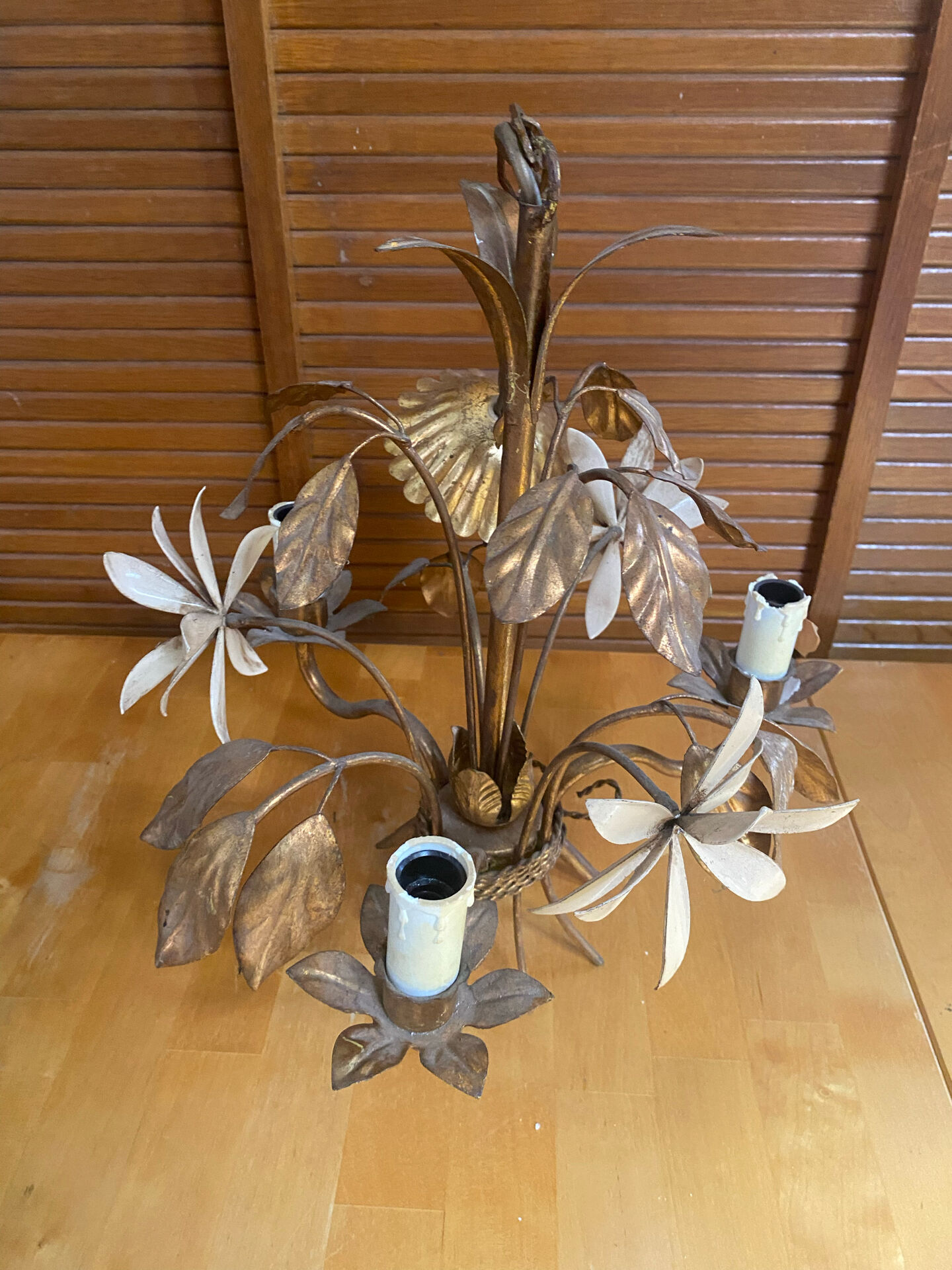 Vintage Lustre + 2 MASCA Wall Lights Hollywood Regency Gold Metal 70s It